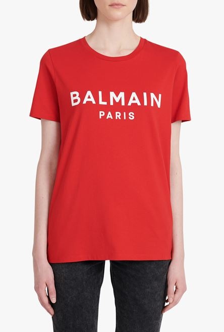 Red eco-designed cotton T-shirt with white Balmain logo print - 5