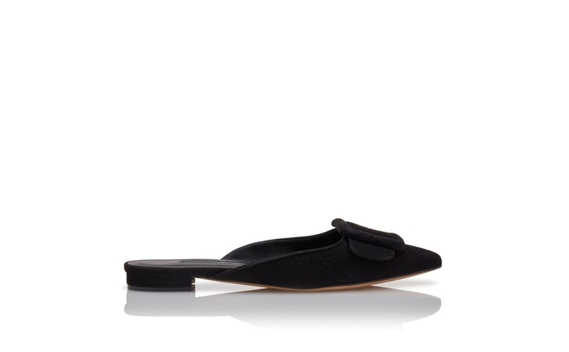 Black Suede Buckle Detail Flat Mules - 1