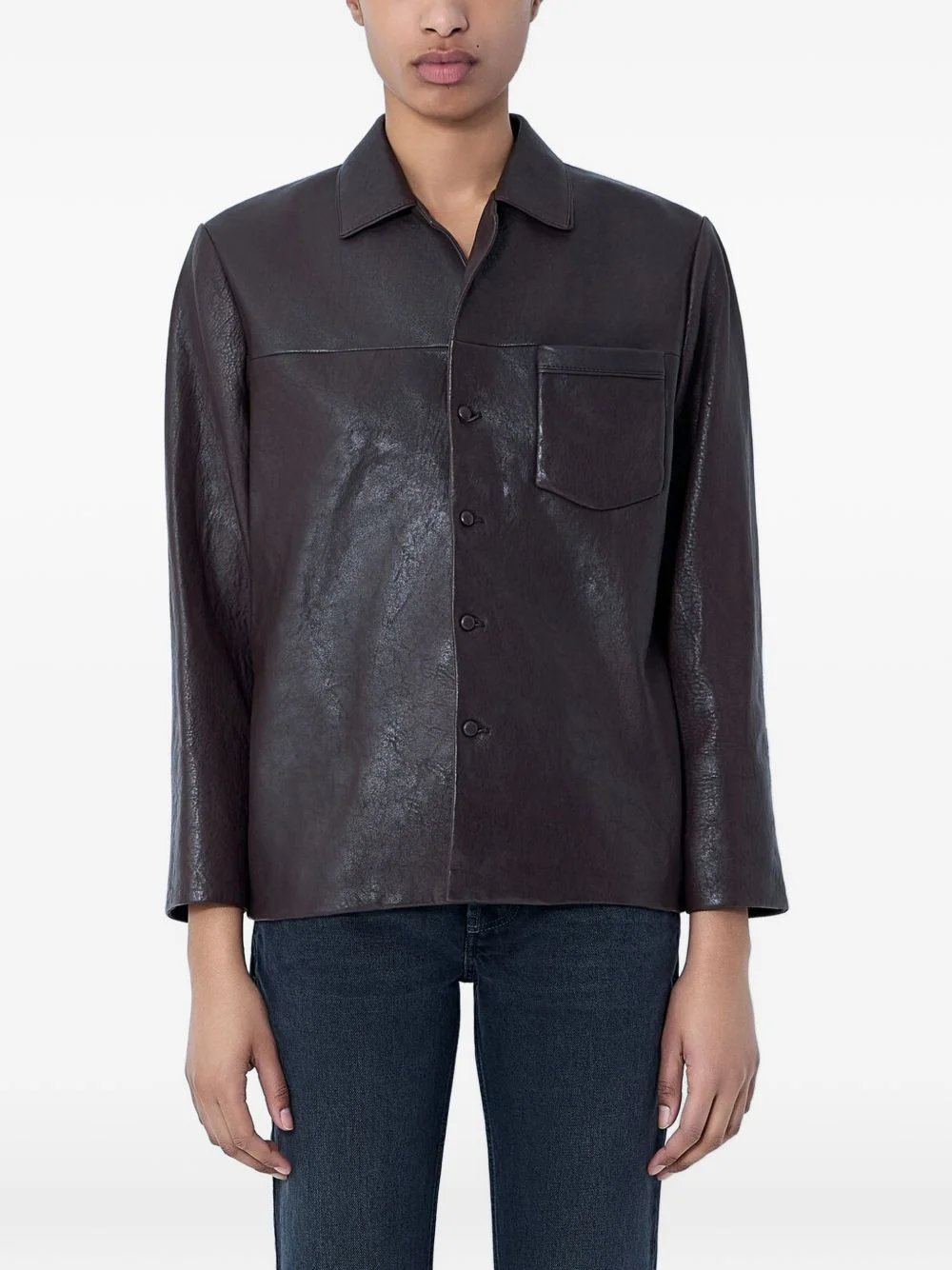 textured button-down leather jacket - 1