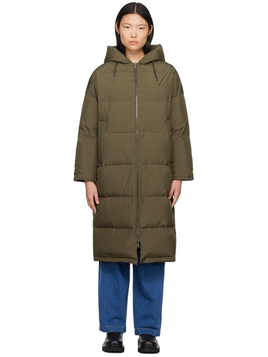 Khaki Hooded Reversible Down Coat - 1