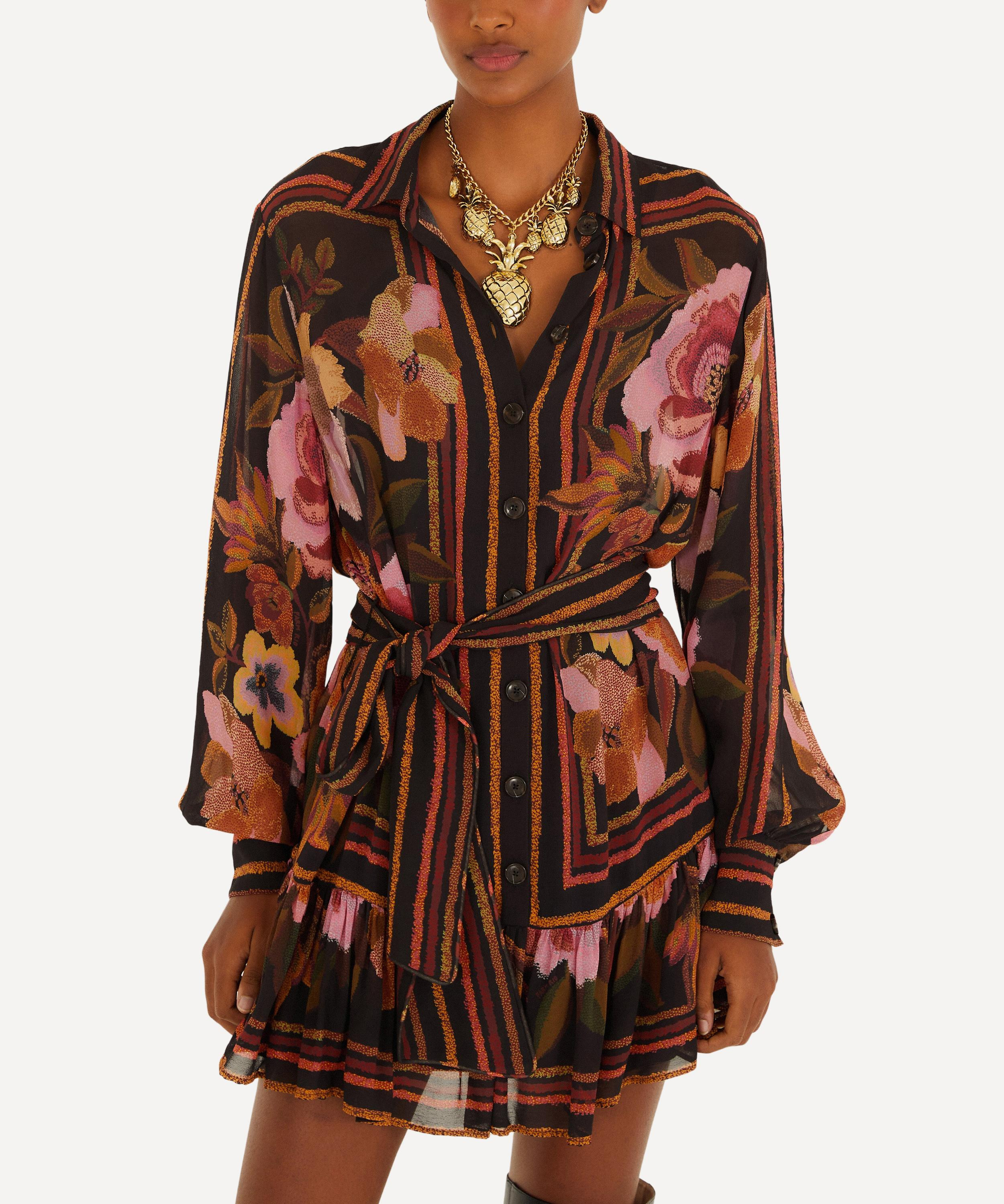 Black Chenille Flowers Belted Long-Sleeve Mini Dress - 1
