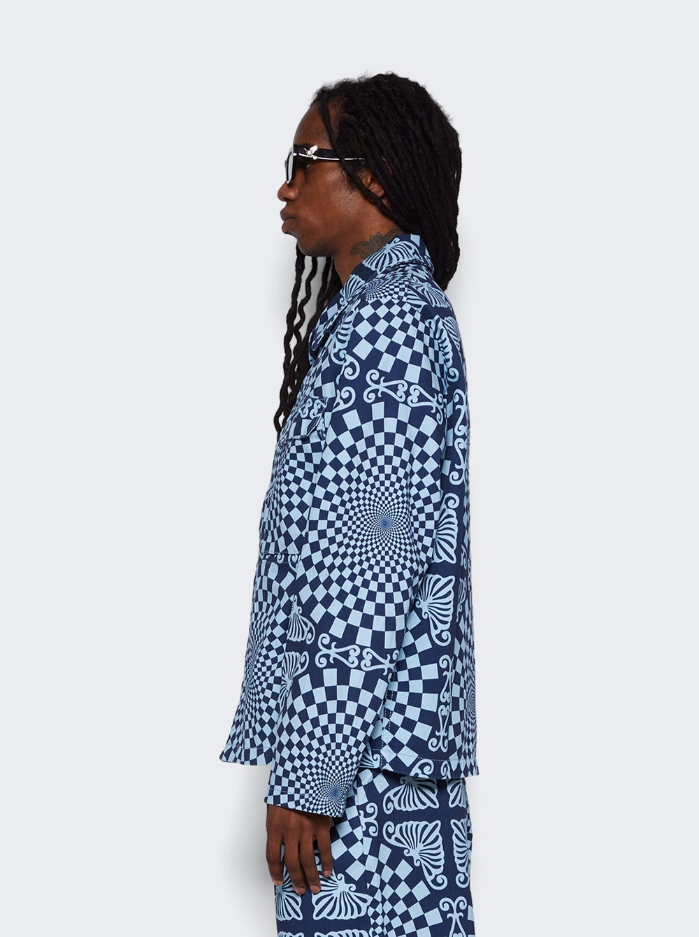 Folk Checkerboard Print Overshirt Blue - 4