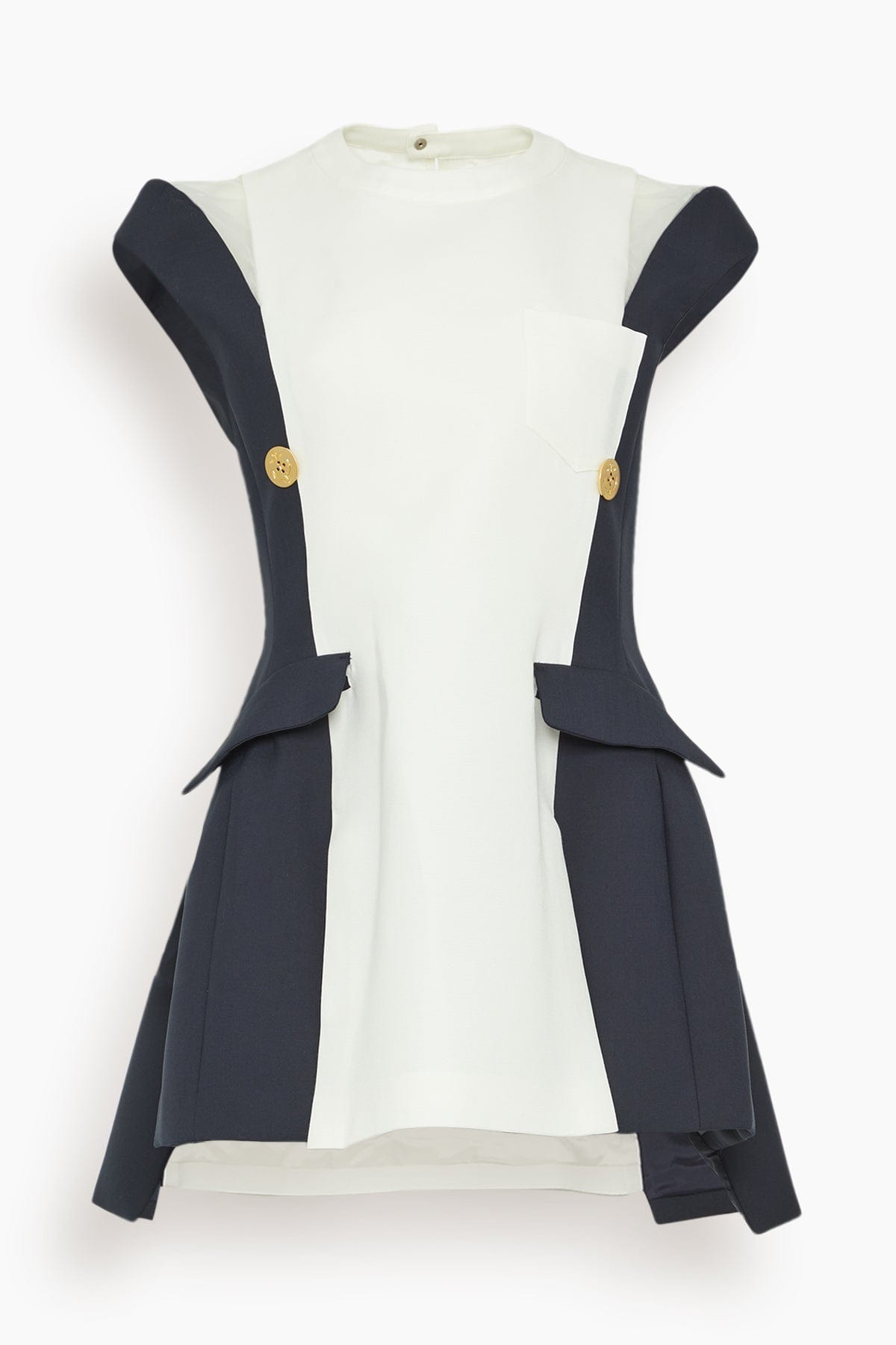 Double-Faced Silk Cotton Dress in Off White and Navy - 1