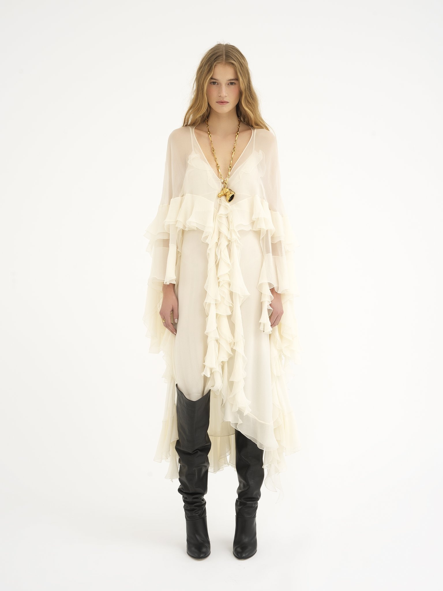 LONG RUFFLED DRESS IN SILK MOUSSELINE - 3