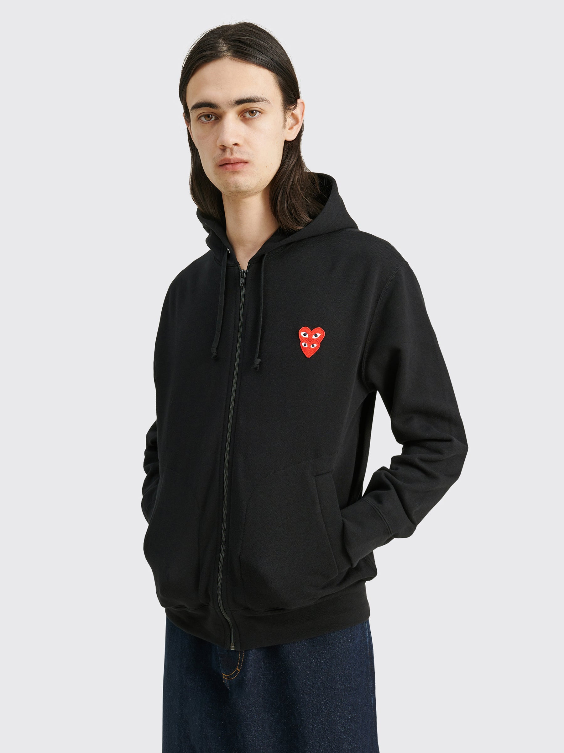 COMME DES GARÇONS PLAY DOUBLE HEART HOODED ZIP SWEATSHIRT BLACK - 2