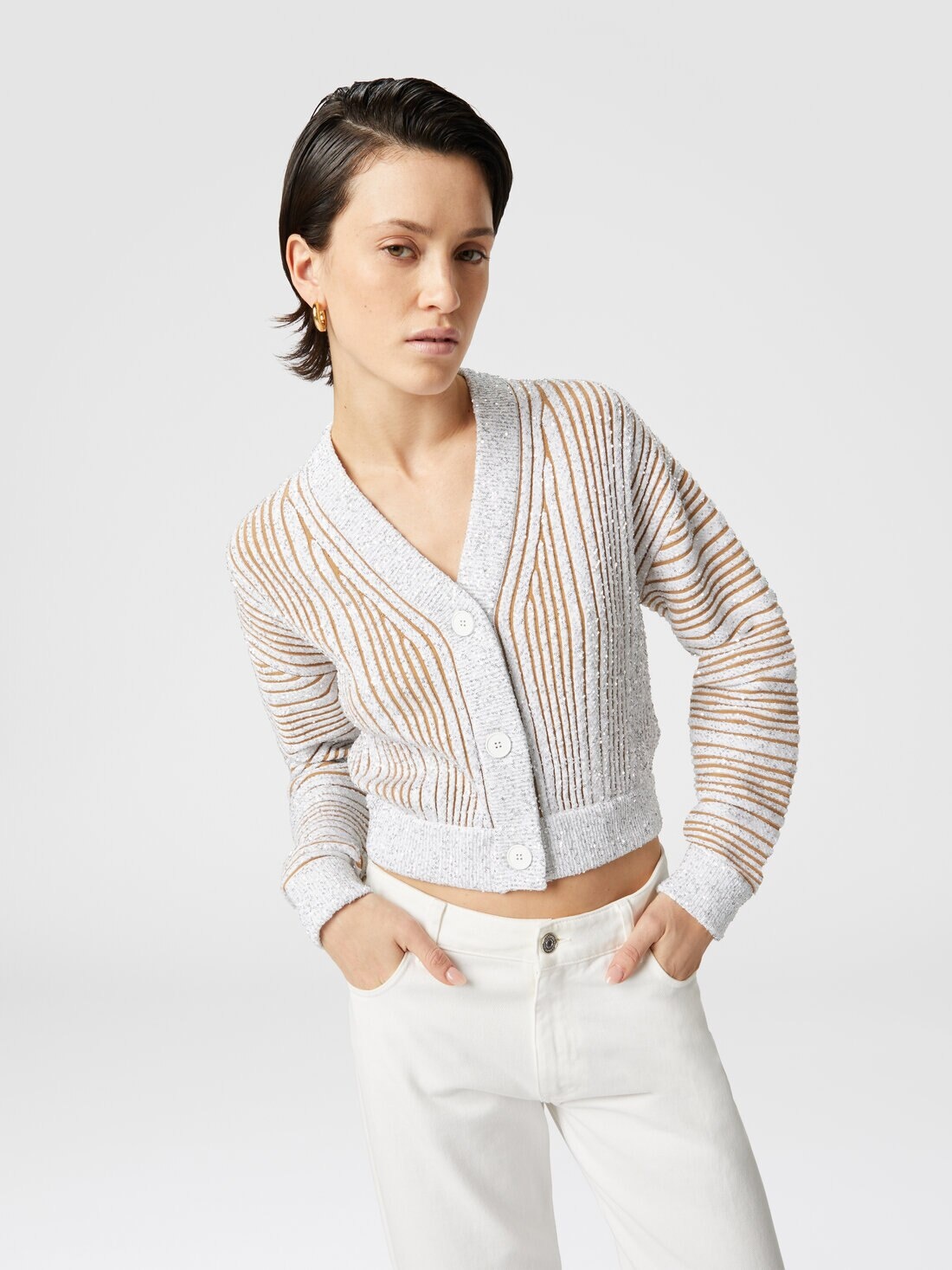 Ribbed cropped cardigan with sequins and V-neck - 4
