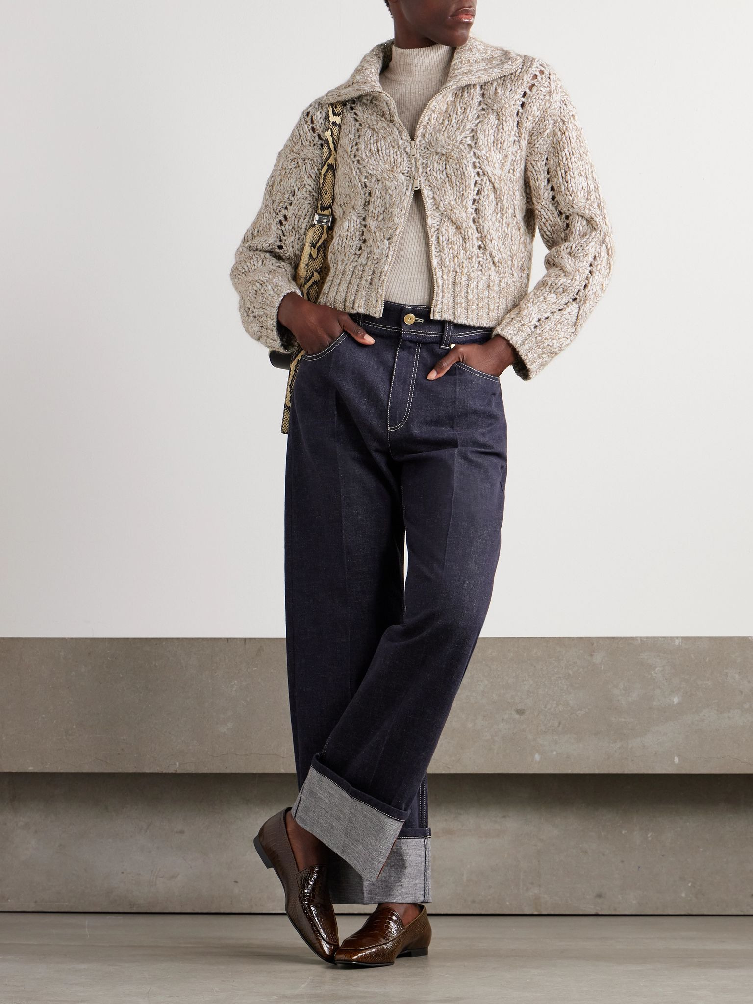Sequin-embellished cable-knit wool cardigan Beige - 2
