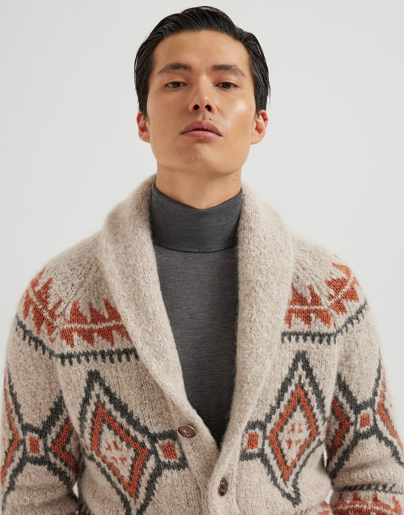 Geometric Jacquard cardigan alpaca, virgin wool and cashmere with metal buttons 3