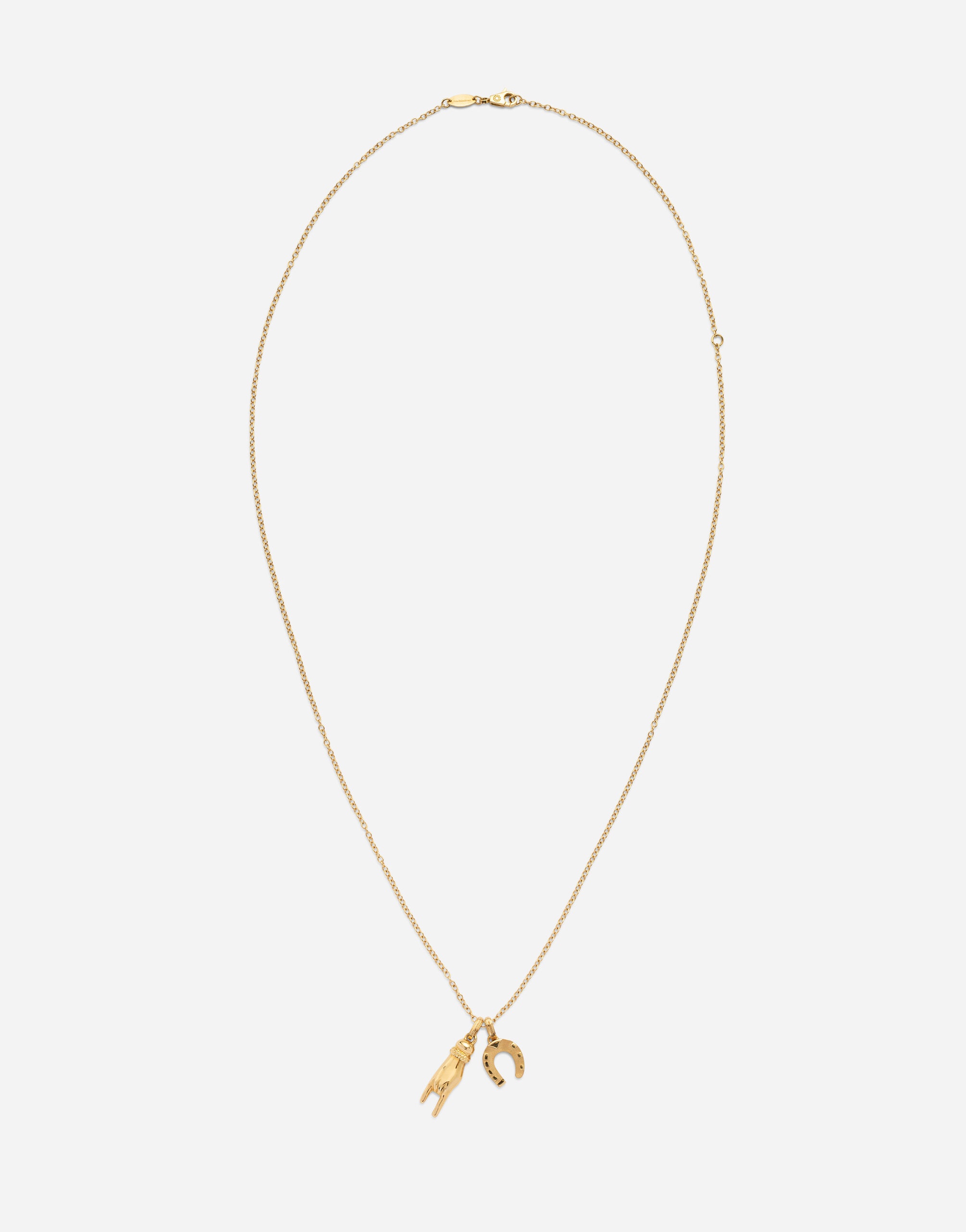 Good luck hand with horn and horseshoe pendants on yellow gold chain - 1