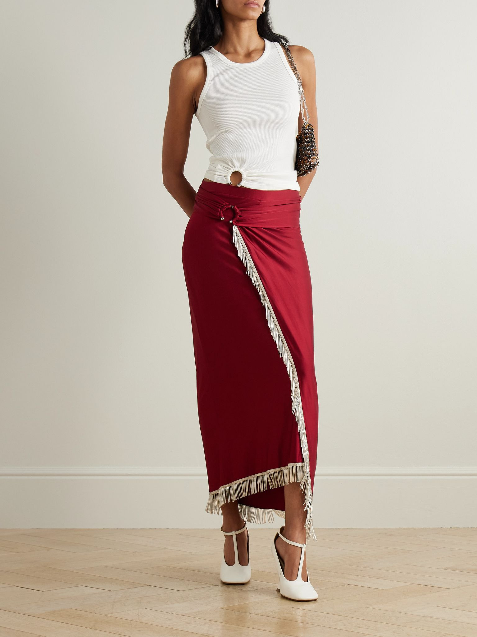 Fringed embellished satin-jersey midi skirt Red - 2
