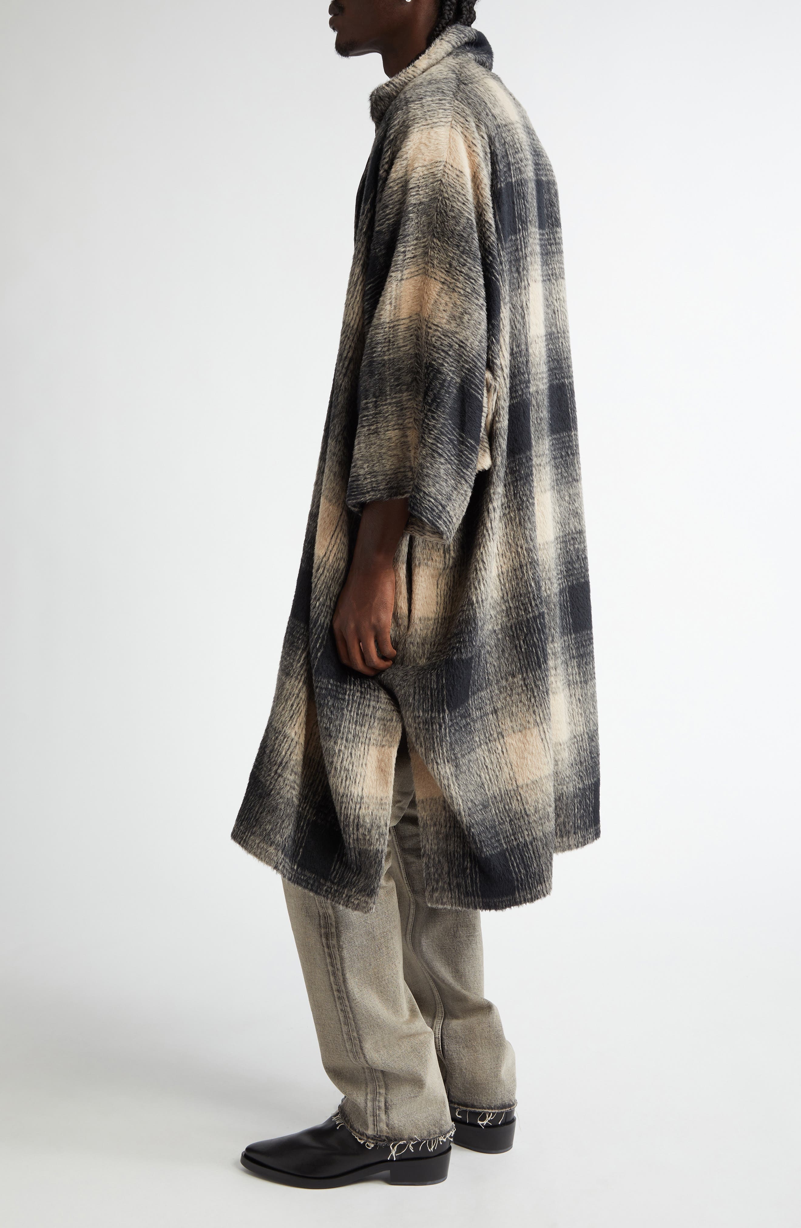 Fear of God Plaid Leather Collar Poncho Pullover in Black/Cream at Nordstrom - 4
