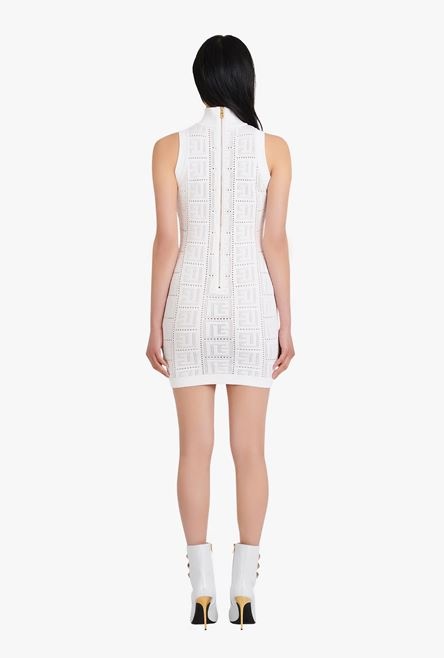 Short white eco-designed knit dress with Balmain monogram - 3