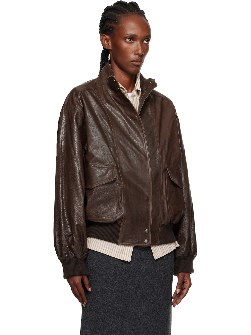 Brown Stand Collar Leather Blouson Jacket - 2