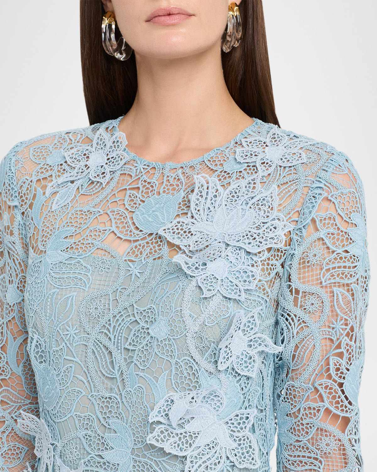 Long-Sleeve Corded Botanical Guipure Gown - 5