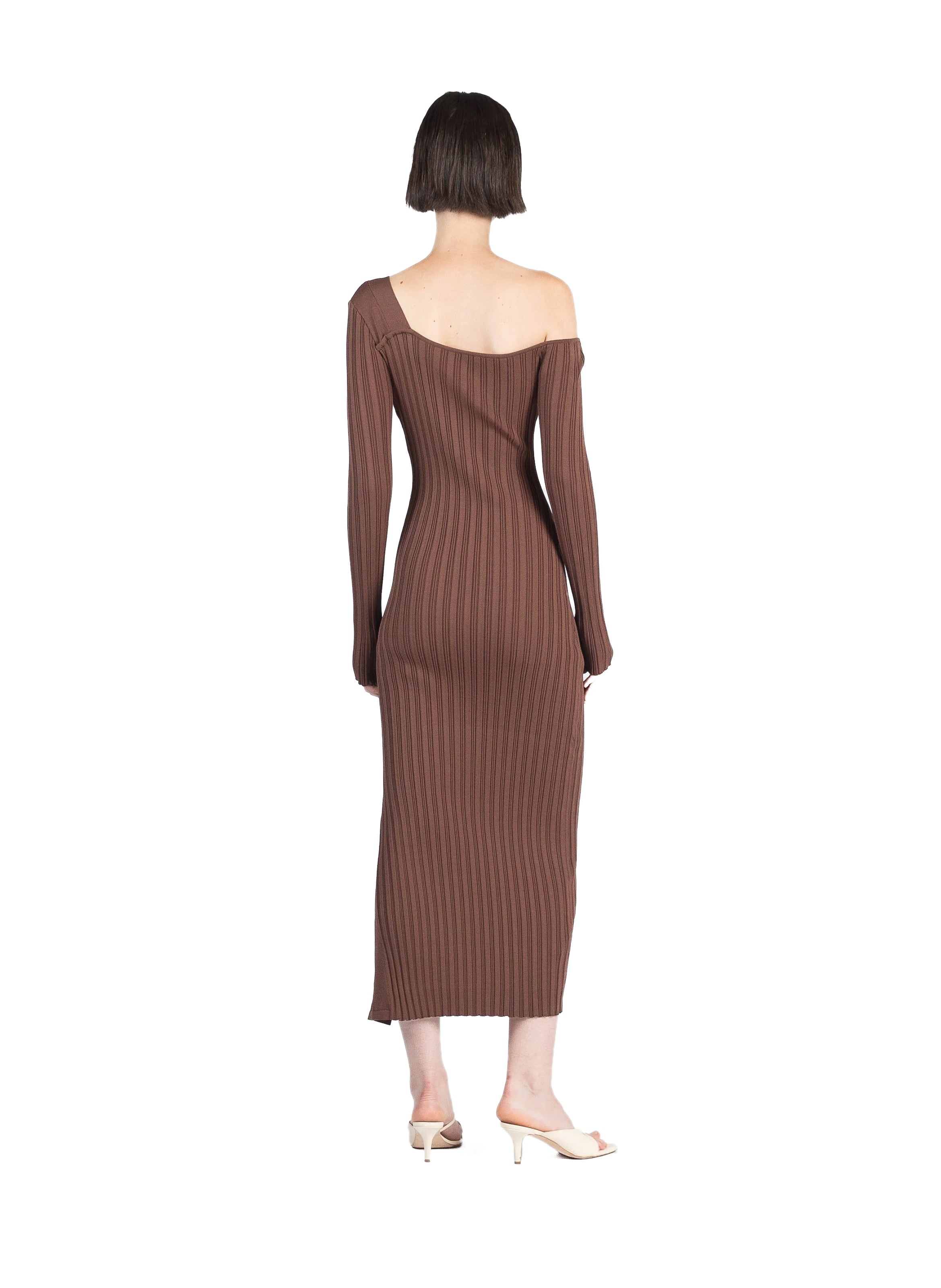 Asymmetric Fitted Dress Brown - 4