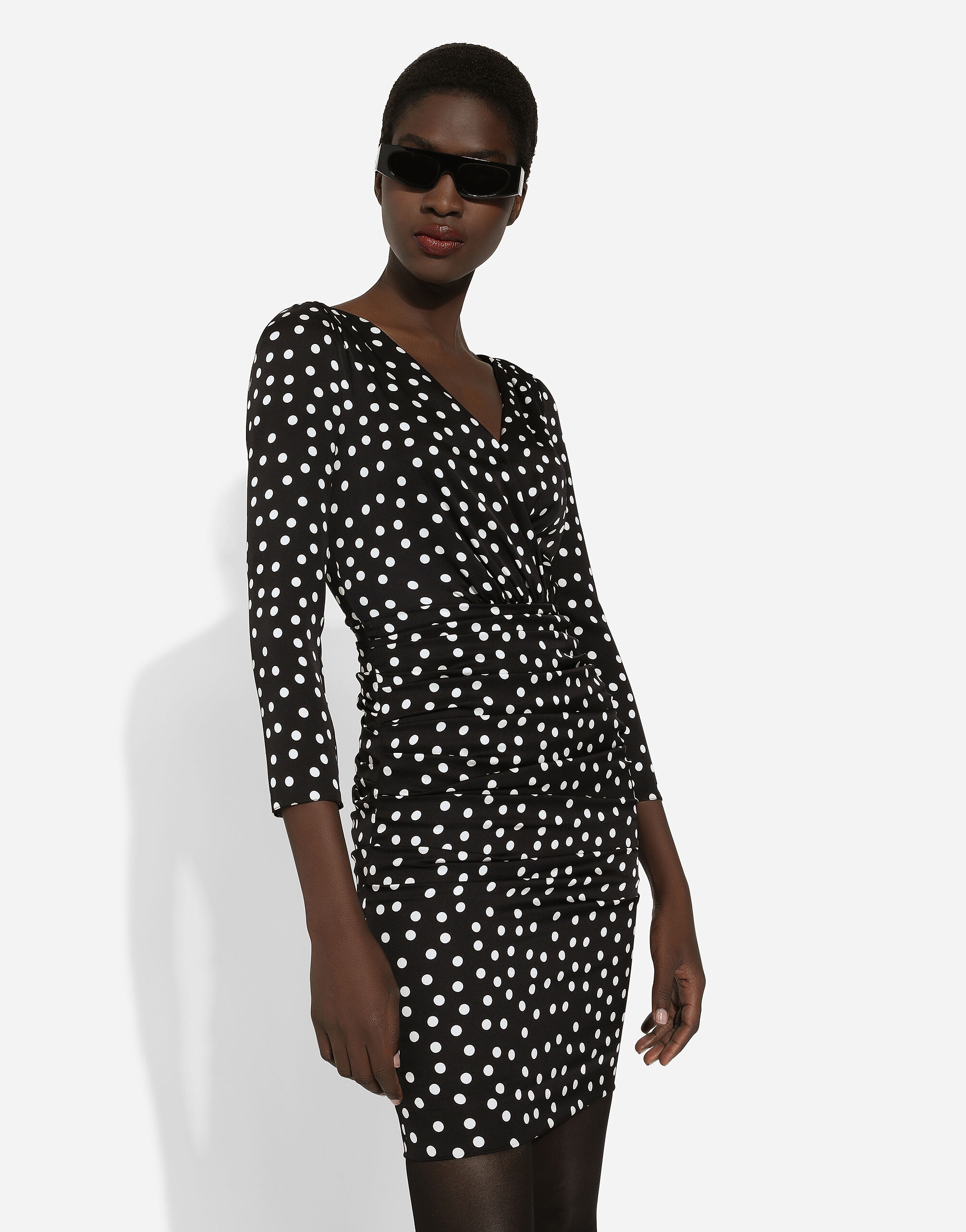 Short charmeuse dress with draped detailing and micro polka-dot print - 4