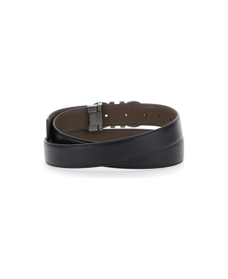 FERRAGAMO Black Reversible Belt With Gancini Buckle In Hammered Leather Man outlook