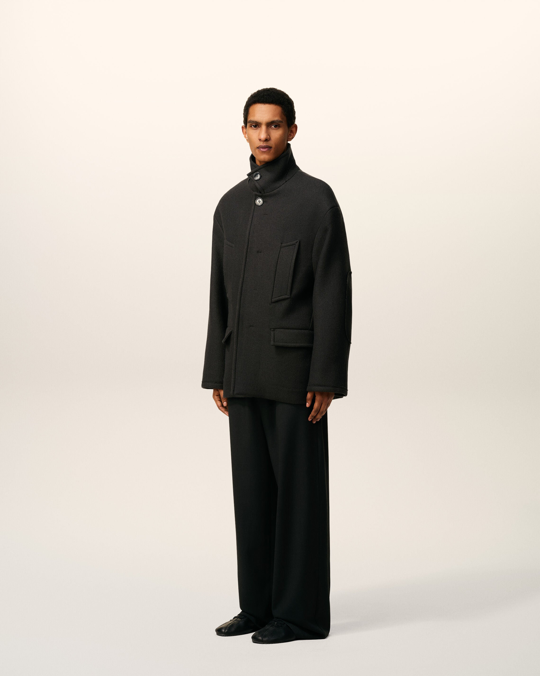 BLACK WOOL OVERSIZED HIGH COLLAR PEA COAT - 6