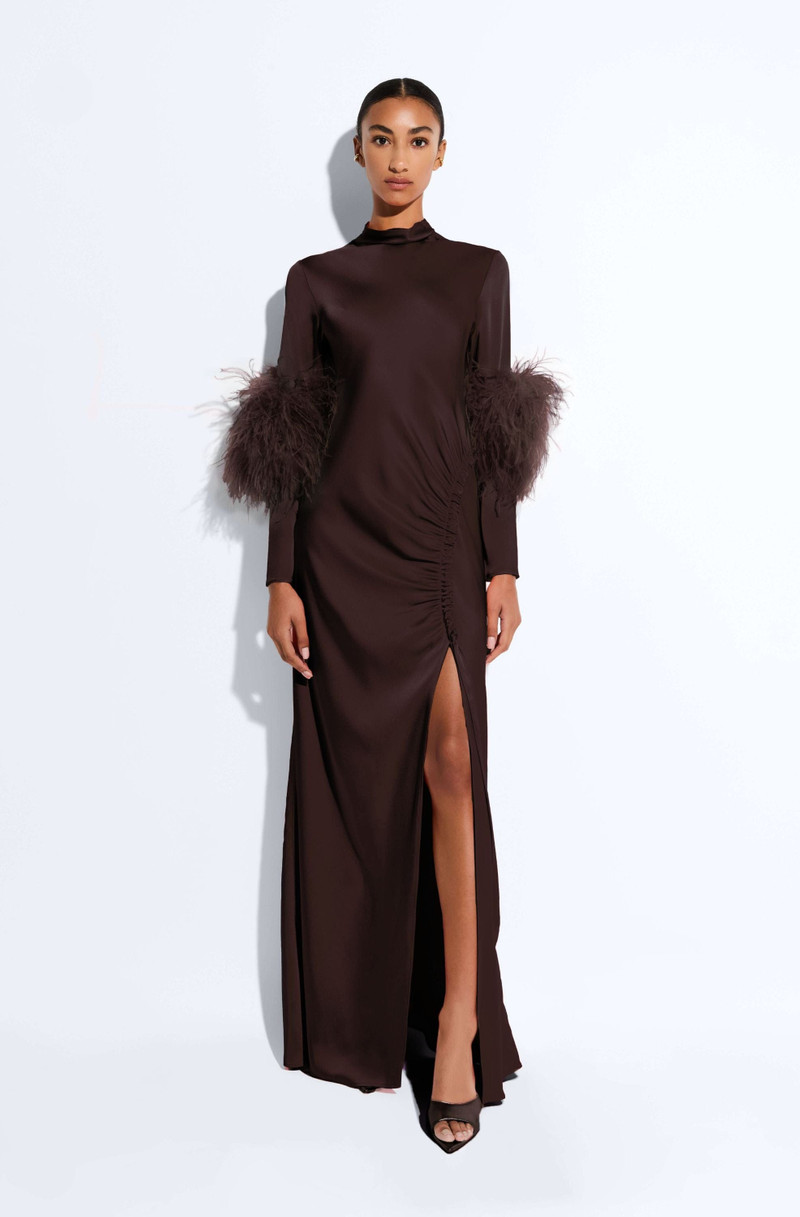 LAPOINTE Satin Tab Gown With Feathers outlook