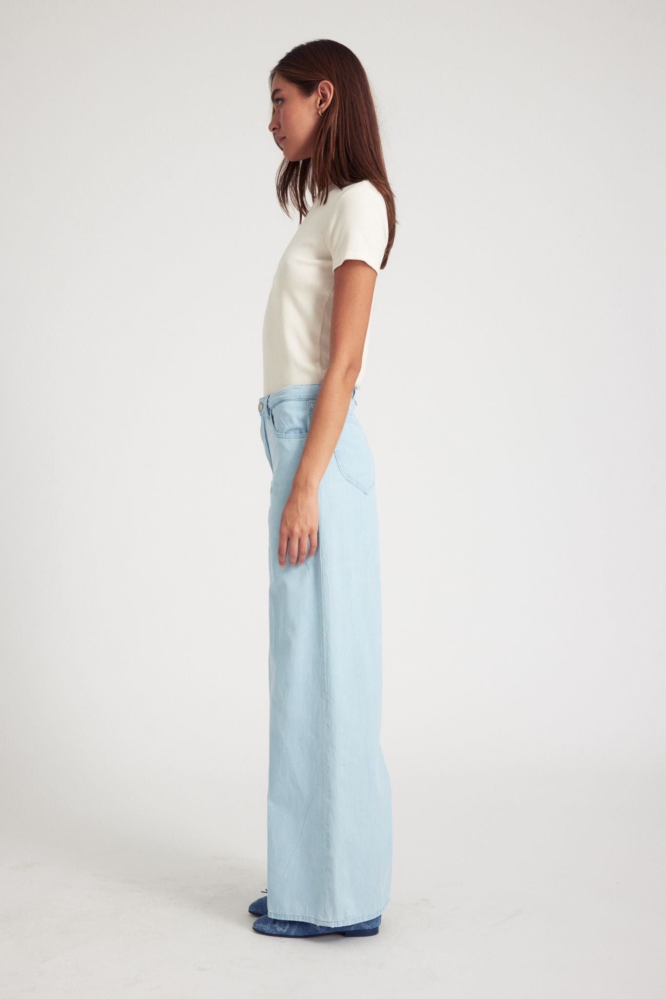 LIGHT BLUE CHAMBRAY WIDE LEG PANTS - 2