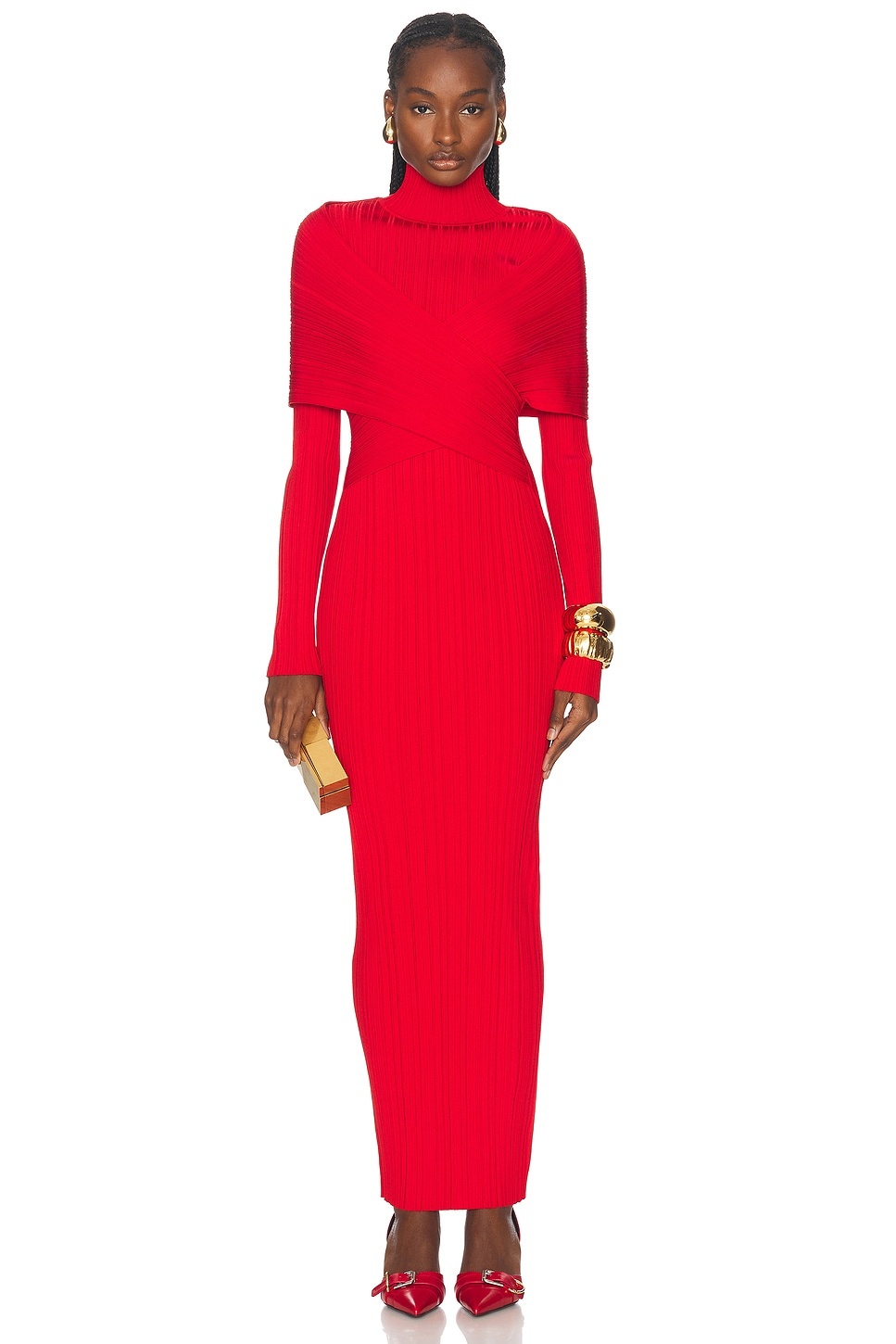 High Neck Pleated Knit Long Dress - 1