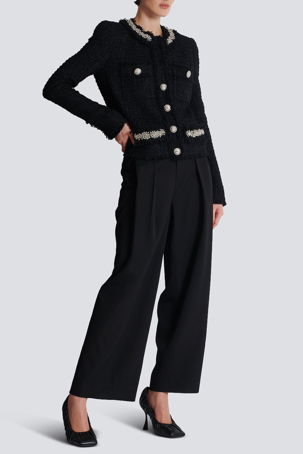 Embellished Collarless Side To Side Jacket - 3
