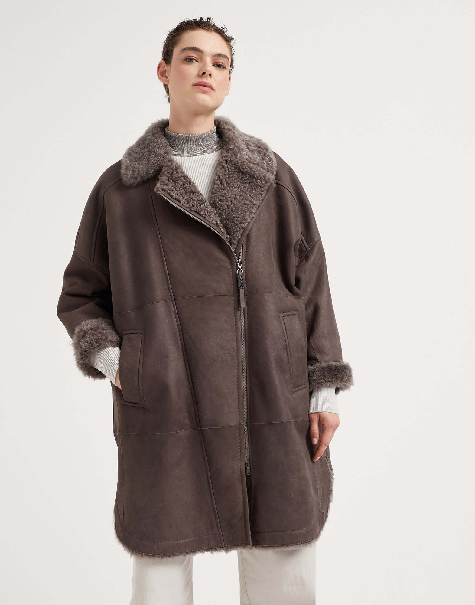 Fleecy shearling coat with shiny zipper pull - 1