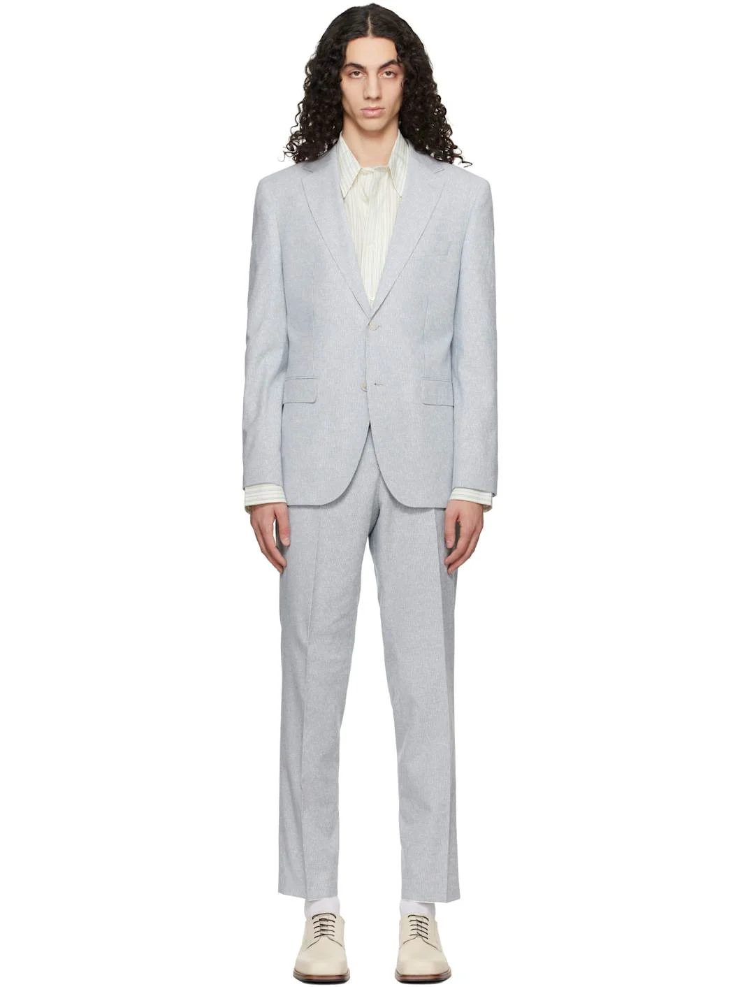 Blue Two-Piece Regular-Fit Stretch Bouclé Suit - 1
