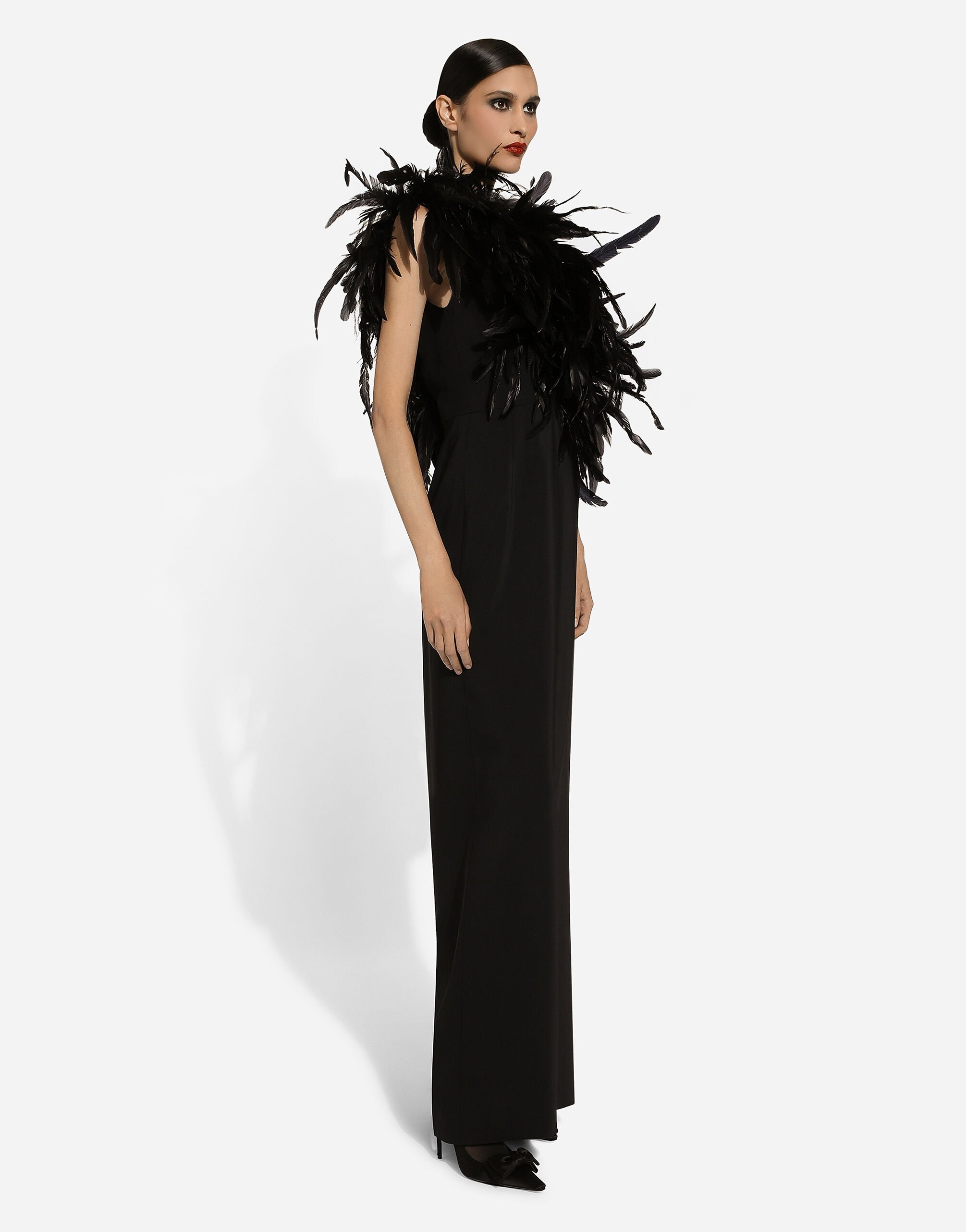 Long one-shoulder stretch cady dress with feathered neckline - 6