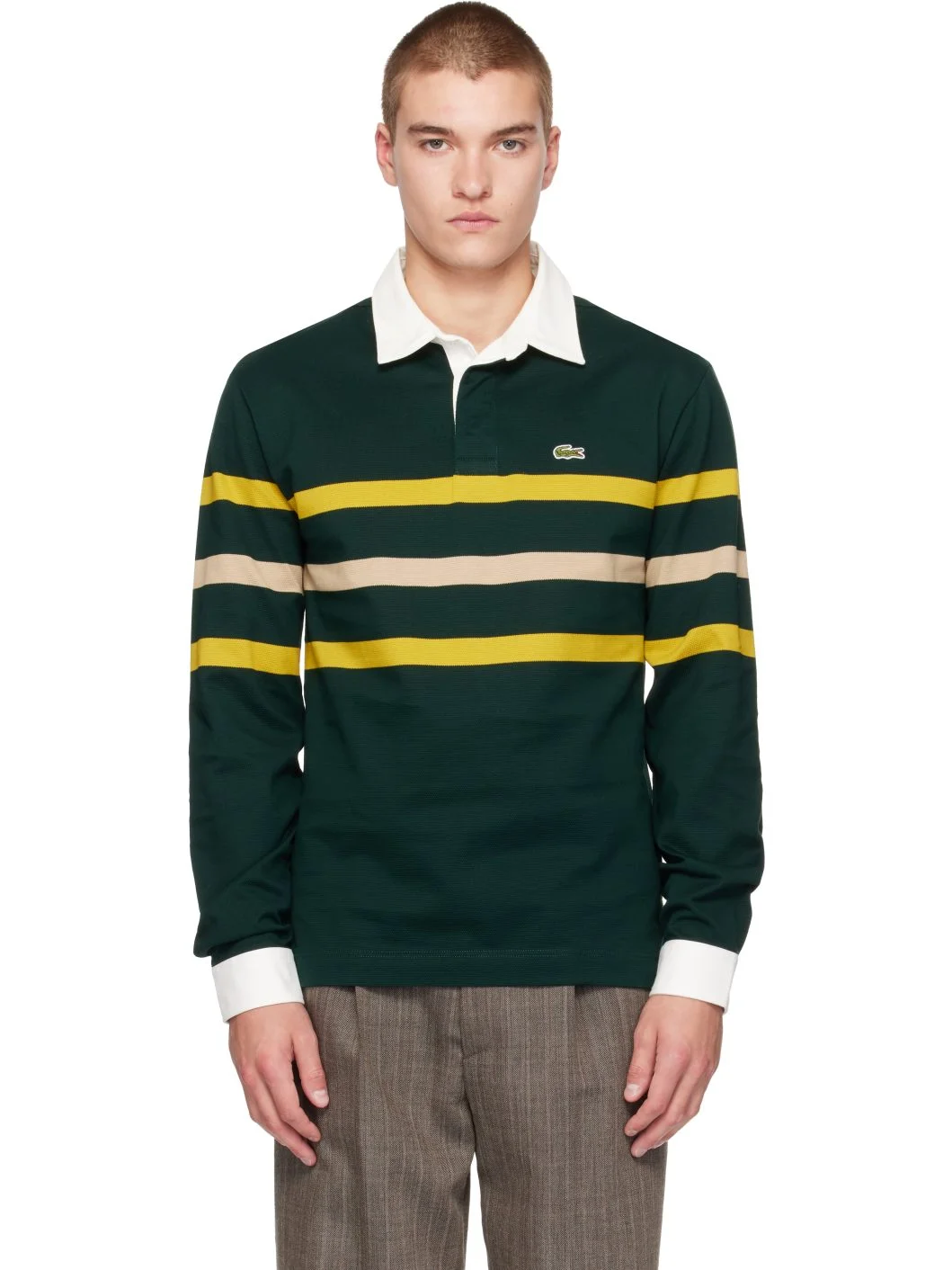 Green Relaxed Fit Striped Piqué Rugby Polo - 1