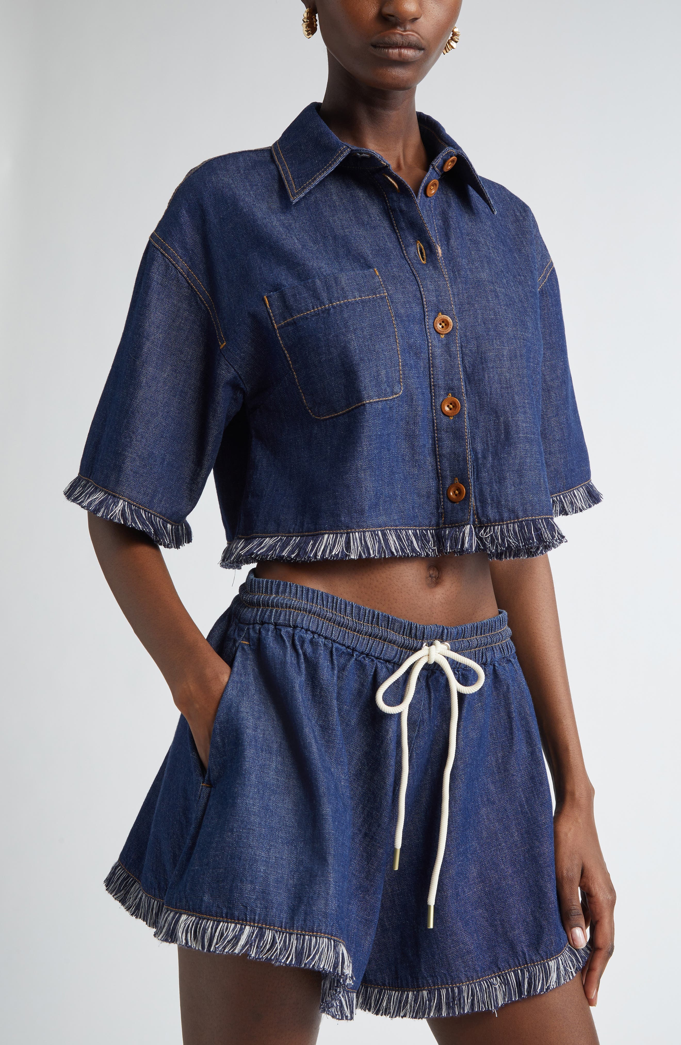 Zimmermann Rhiannon Fringe Trim Crop Denim Shirt in Atlantic at Nordstrom - 5