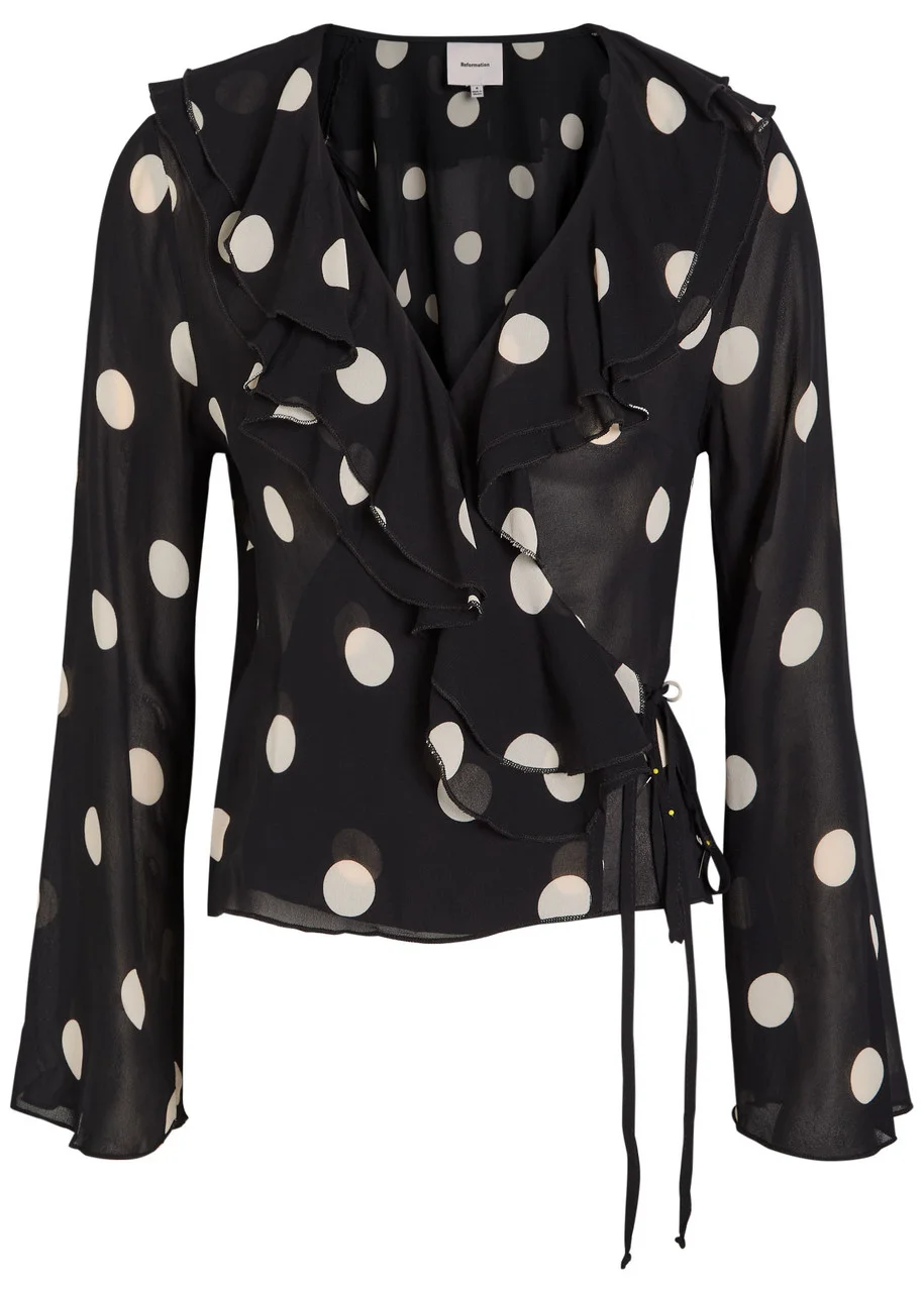 Reformation Kilah Polka dot Silk-georgette Wrap Blouse - 1