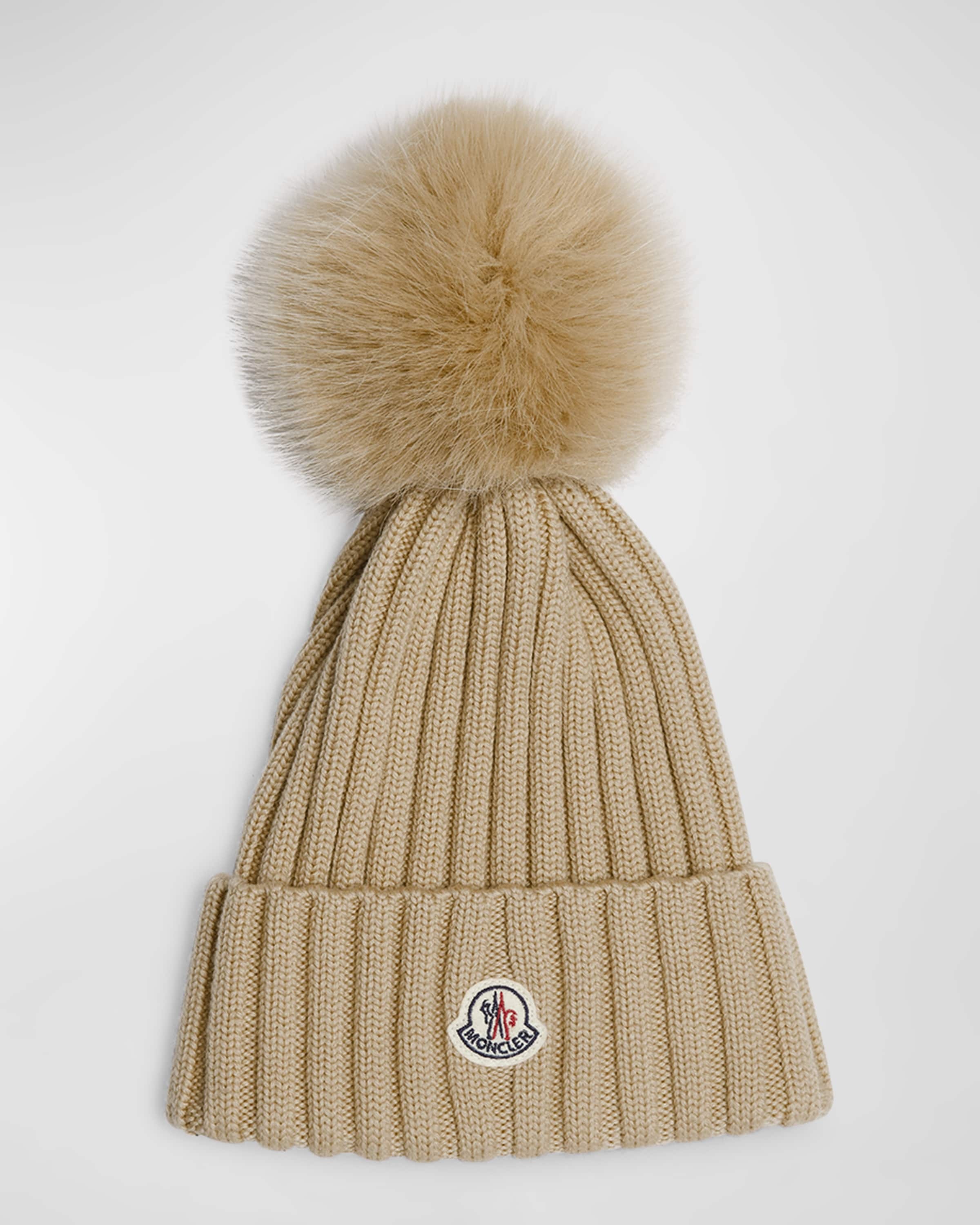 Ribbed Wool Beanie with Faux Fur Pom - 1