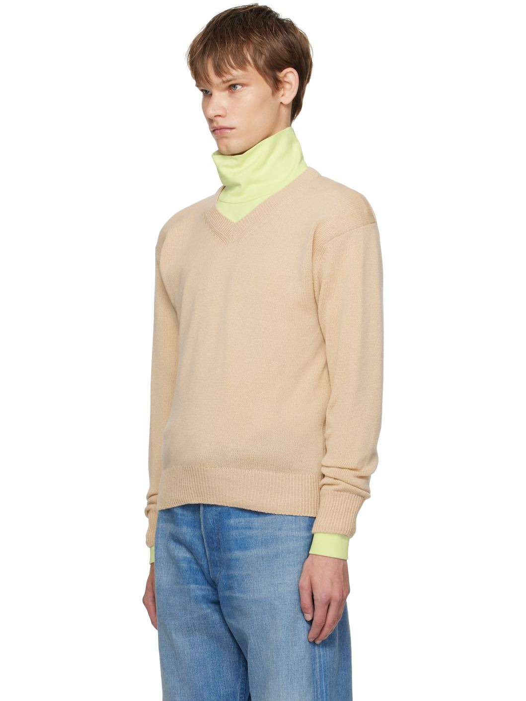 Beige Light Cashmere Knit V-Neck Sweater - 4