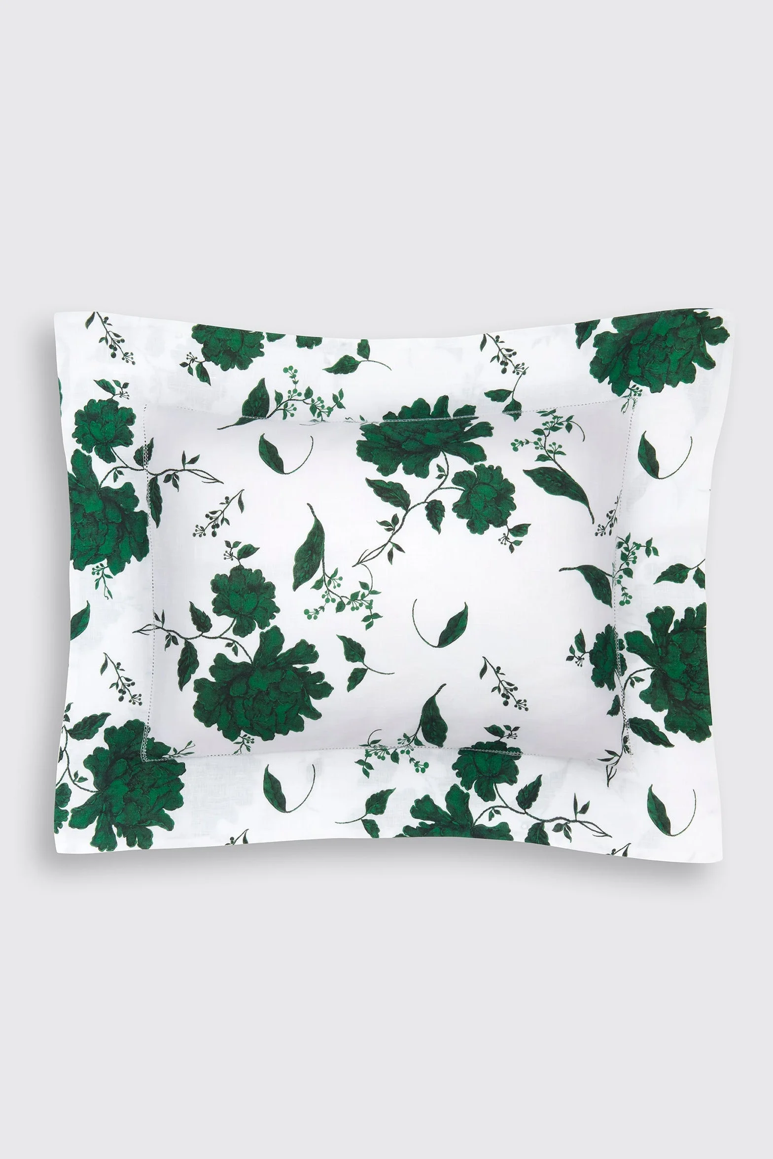 Amalia Pillow Slip in Green Peony Print on White Linen - 1