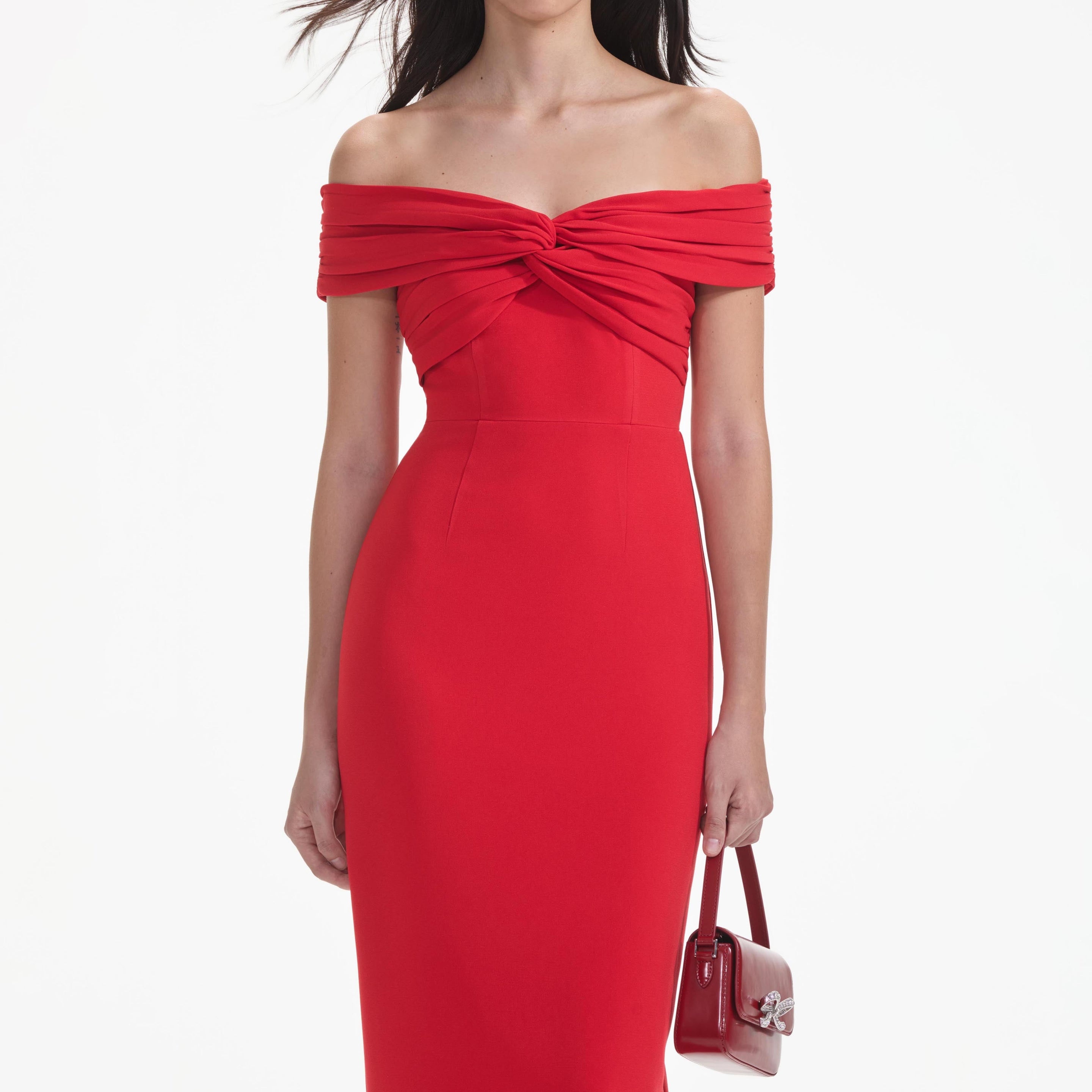 Red Off Shoulder Midi Dress - 4