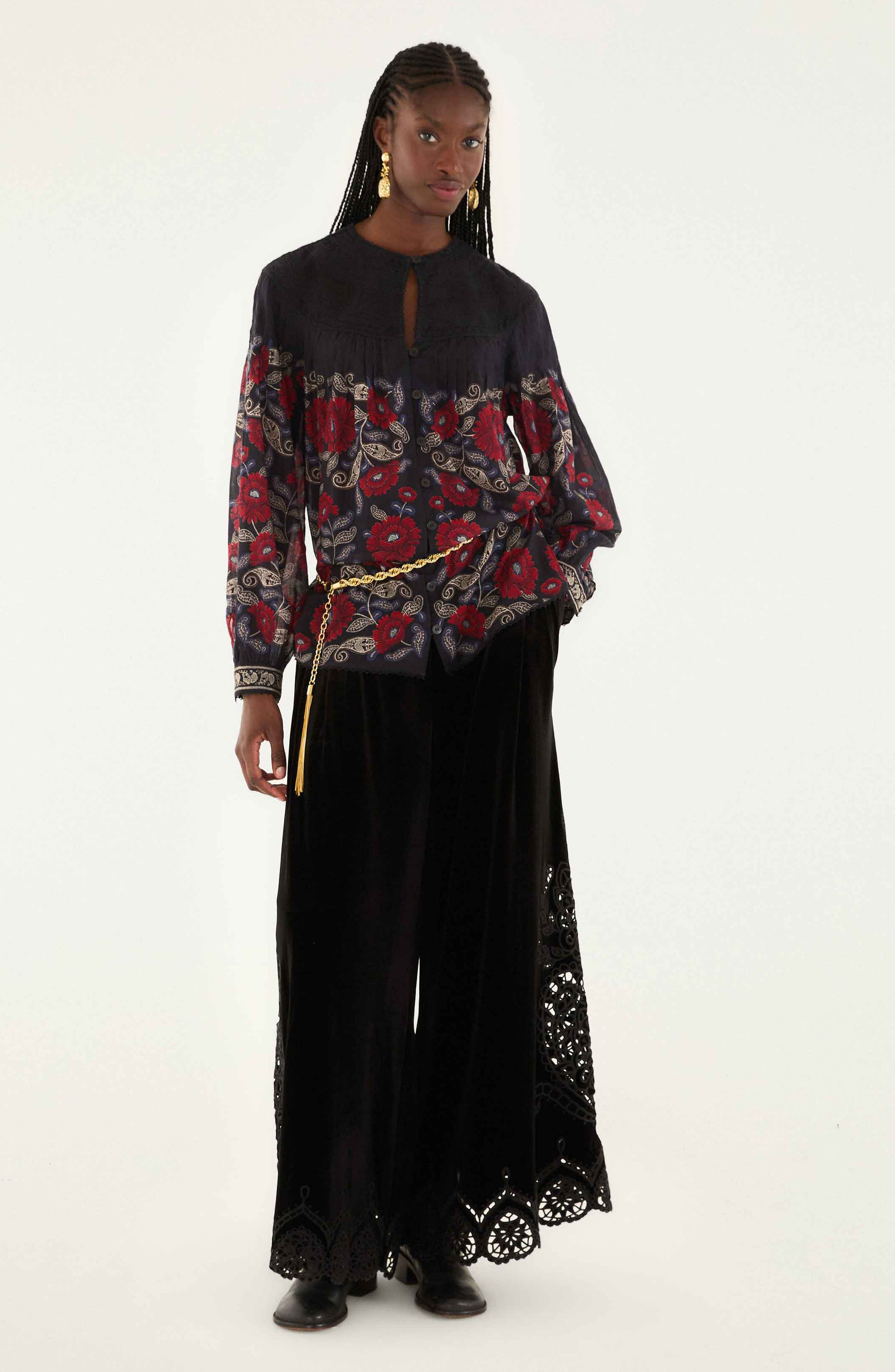FARM Rio Valentina Floral Cotton Button-Up Shirt in Valentina Black at Nordstrom - 4