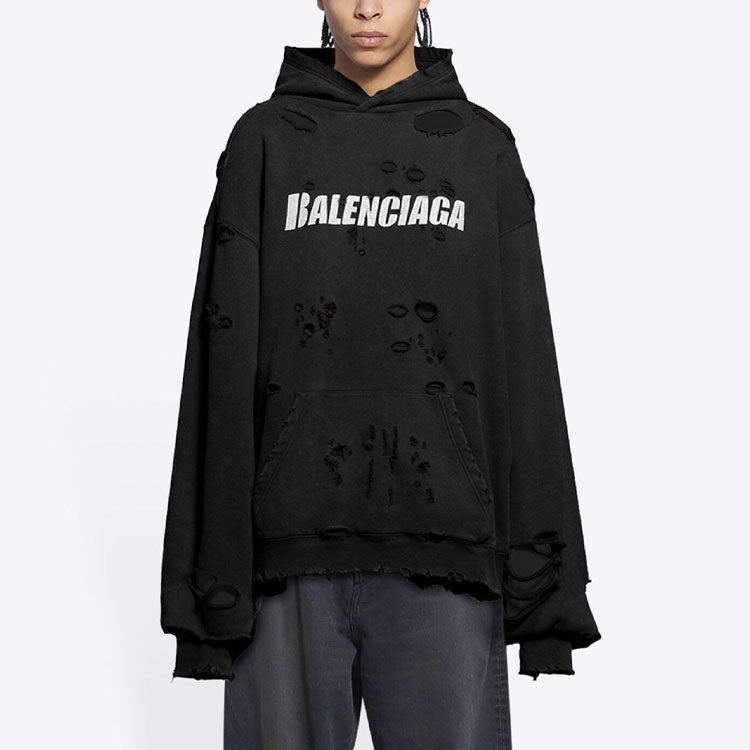 Balenciaga Caps Destroyed Hoodie 'Black White' 659403TKVB61093 - 4