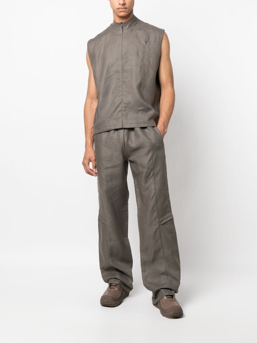 drawstring-waist linen cargo trousers - 2