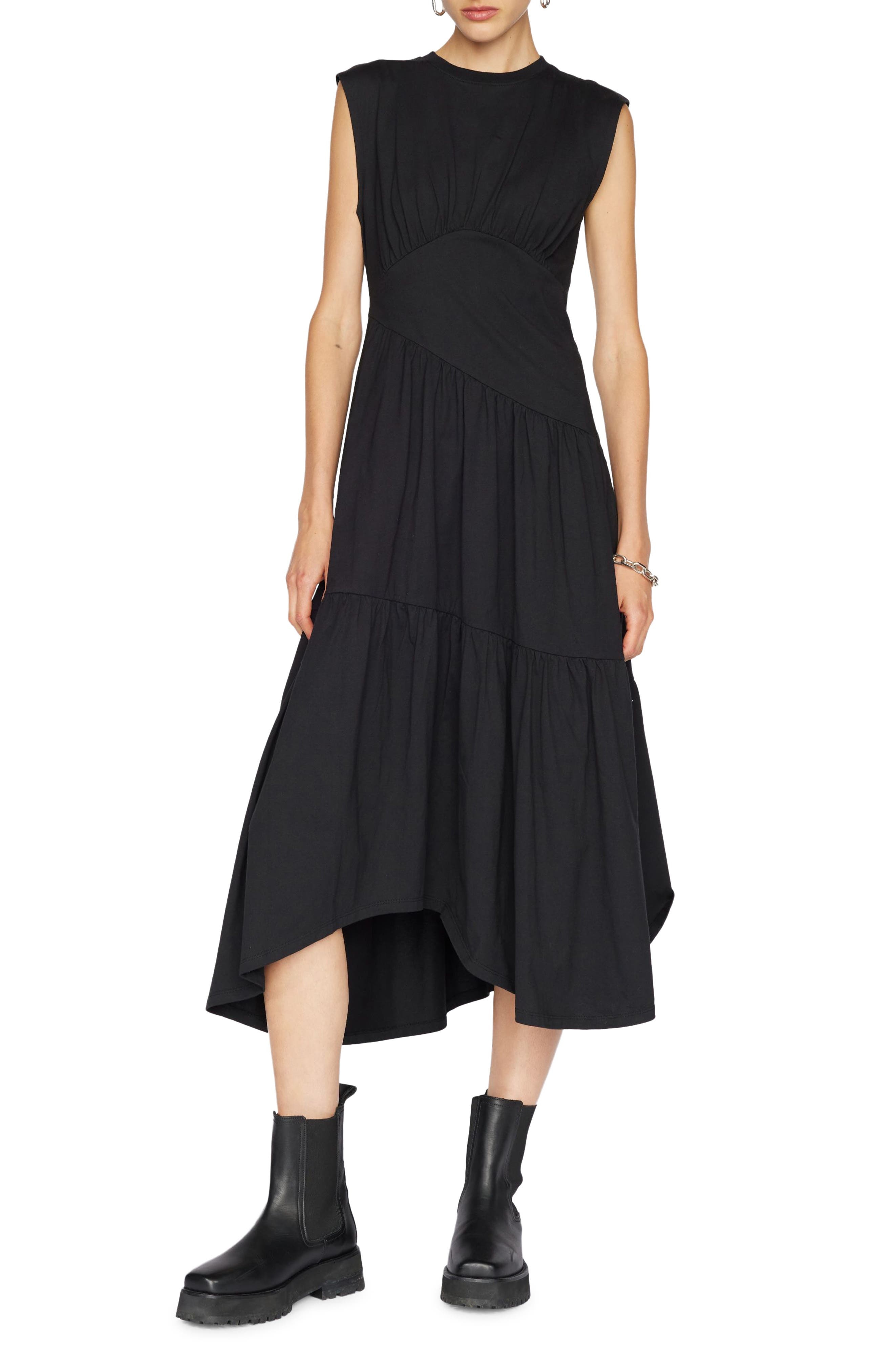 FRAME Gathered Seam Organic Cotton A-Line Midi Dress in Noir at Nordstrom - 1