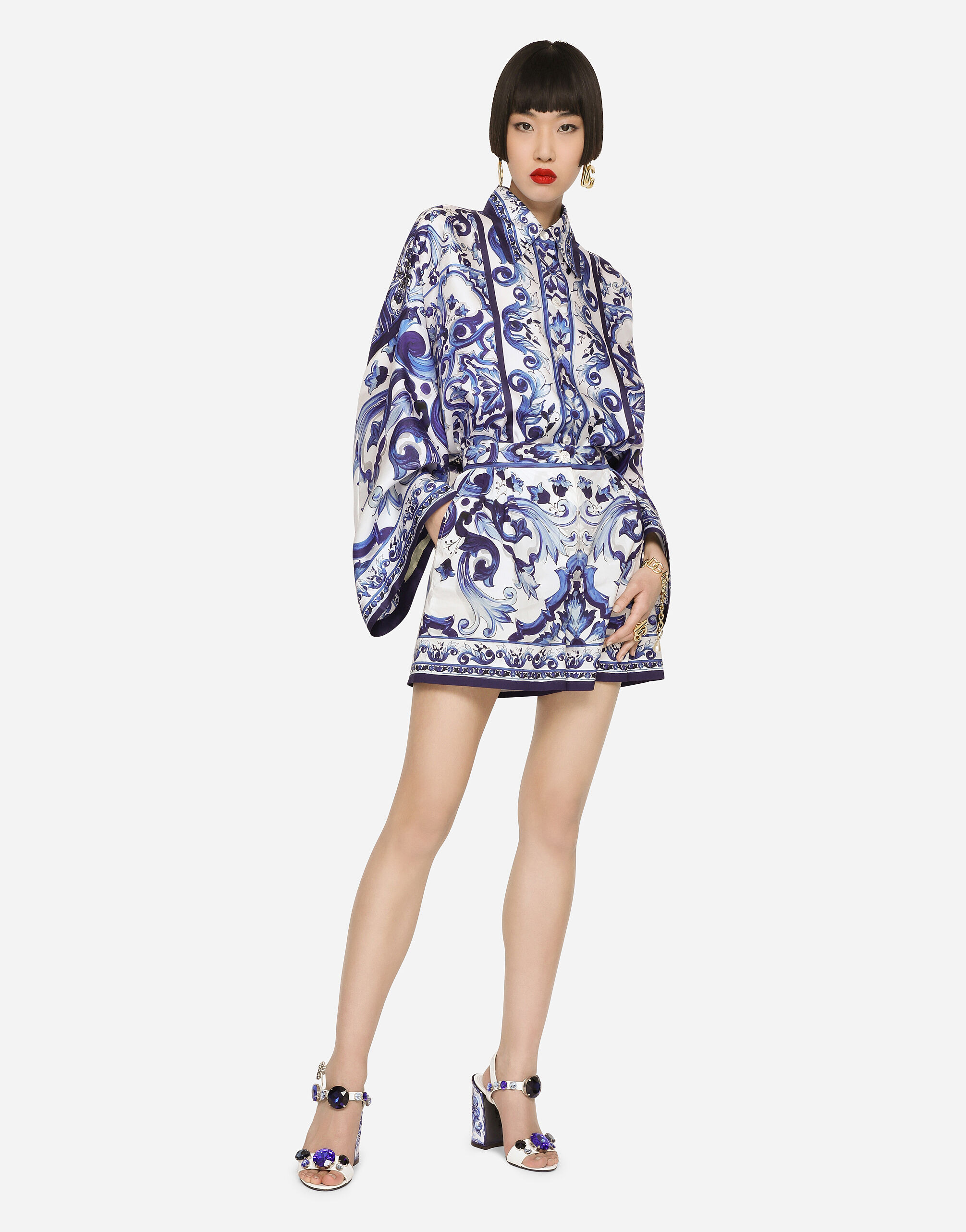 Majolica-print twill shirt with slits - 3