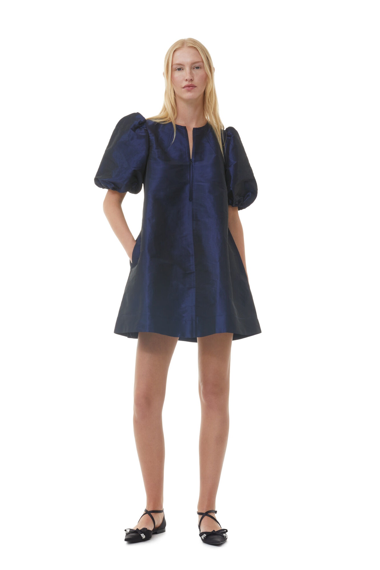 BLUE SHINY TAFFETA MINI DRESS - 3