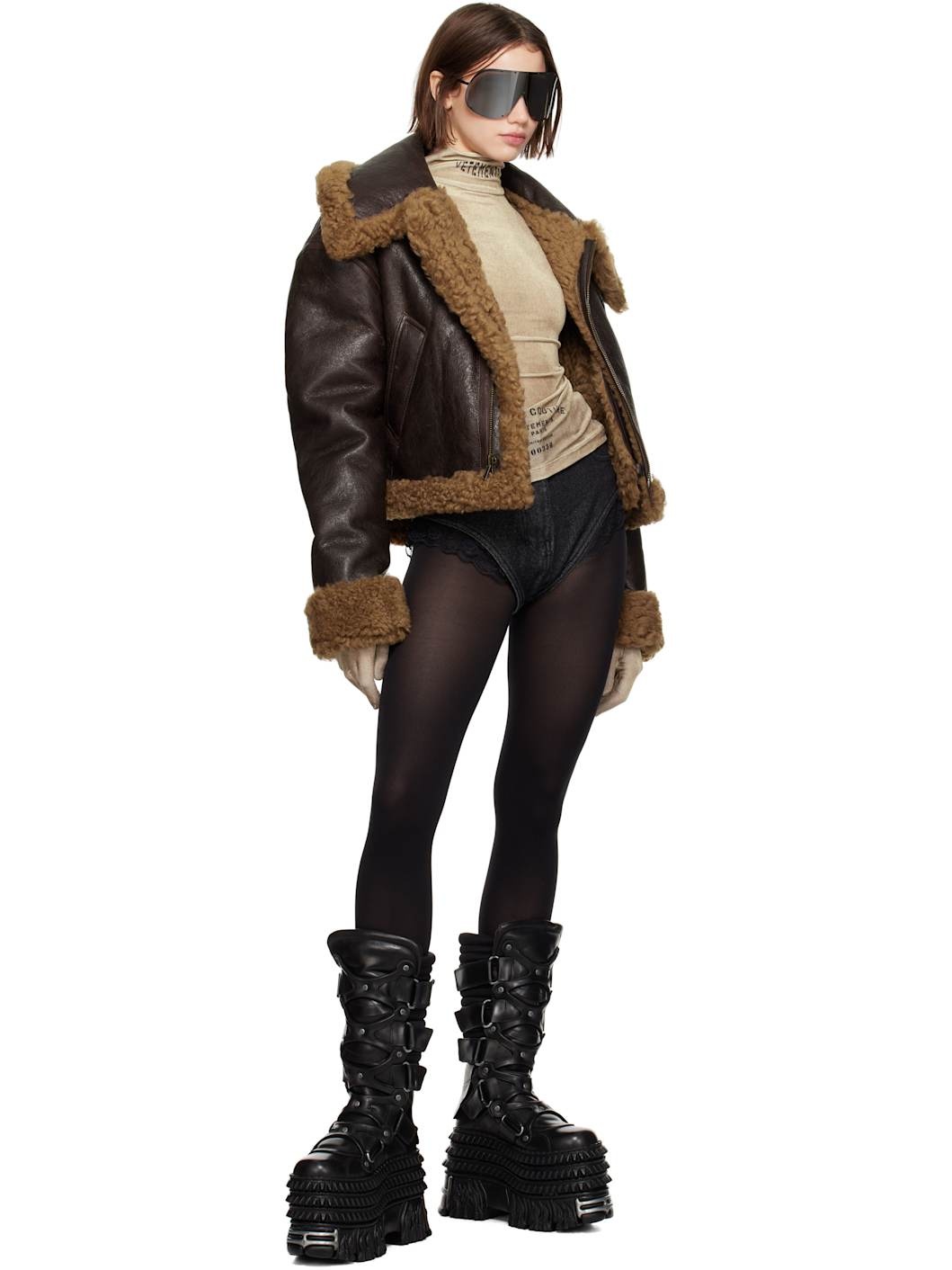 Brown Inside-Out Cropped Aviator Reversible Shearling Jacket - 5