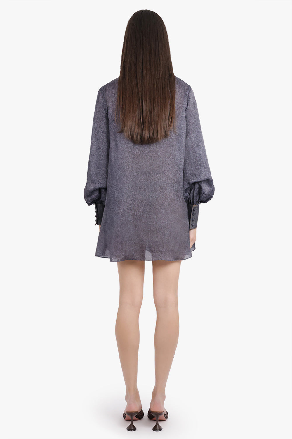 DENIM PRINT LAYERED MINI DRESS WITH HIGH NECK | INDIGO BLUE - 4