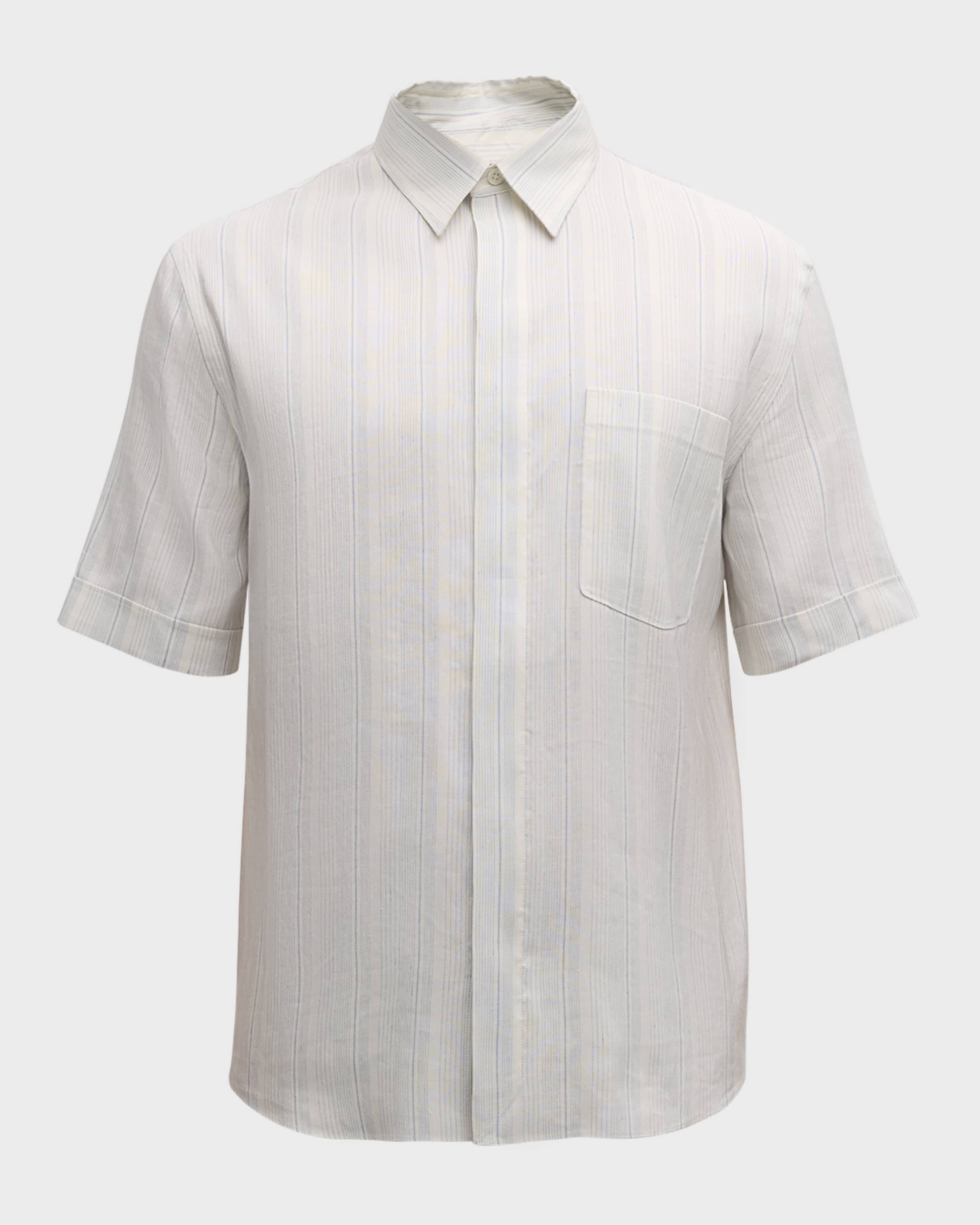 Men's Linen-Silk Stripe Short-Sleeve Shirt - 1