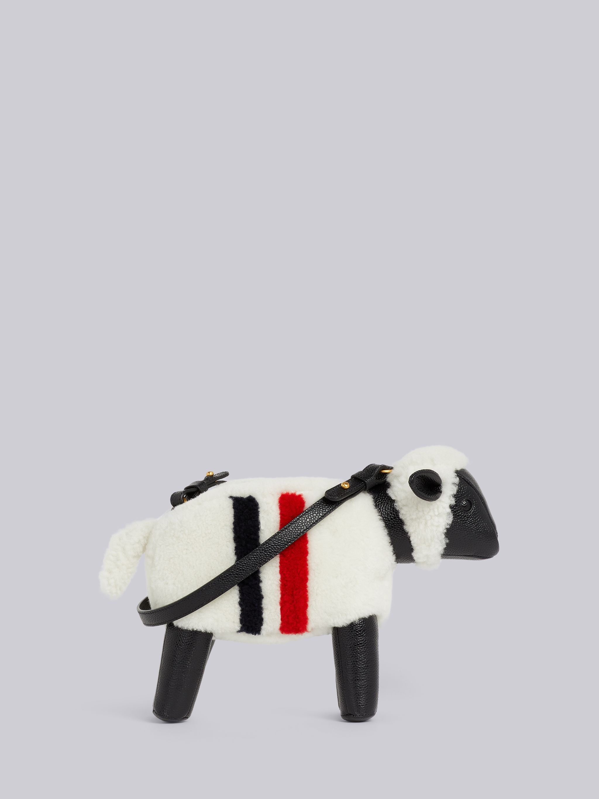 White Curly Merino Shearling Intarsia Stripe Small Sheep Bag - 4