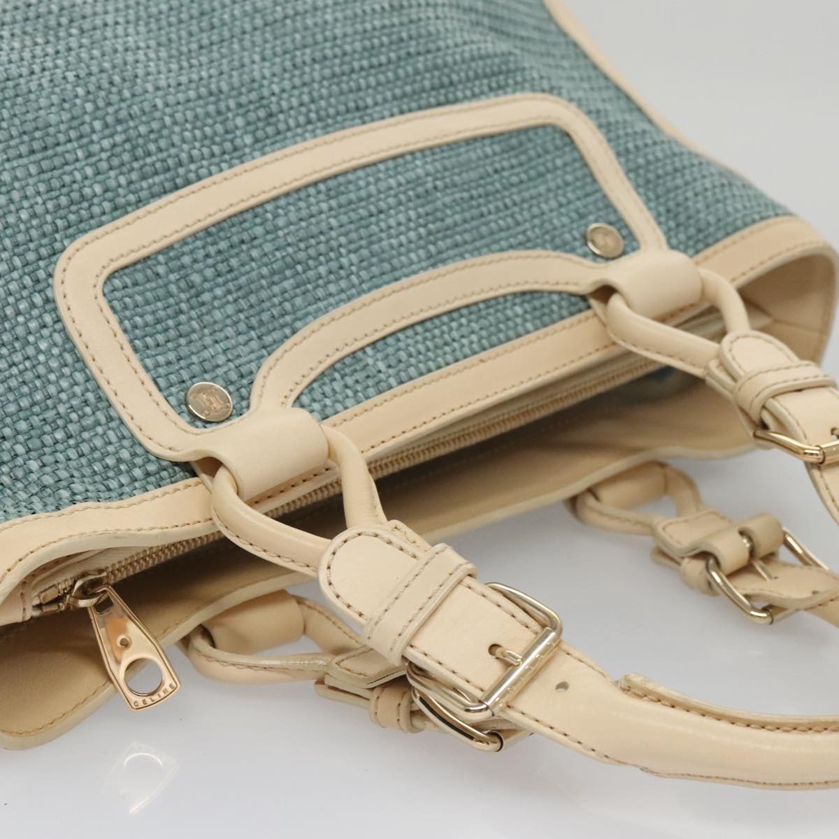 CELINE Hand Bag Straw Leather Blue Cream Gold - 6