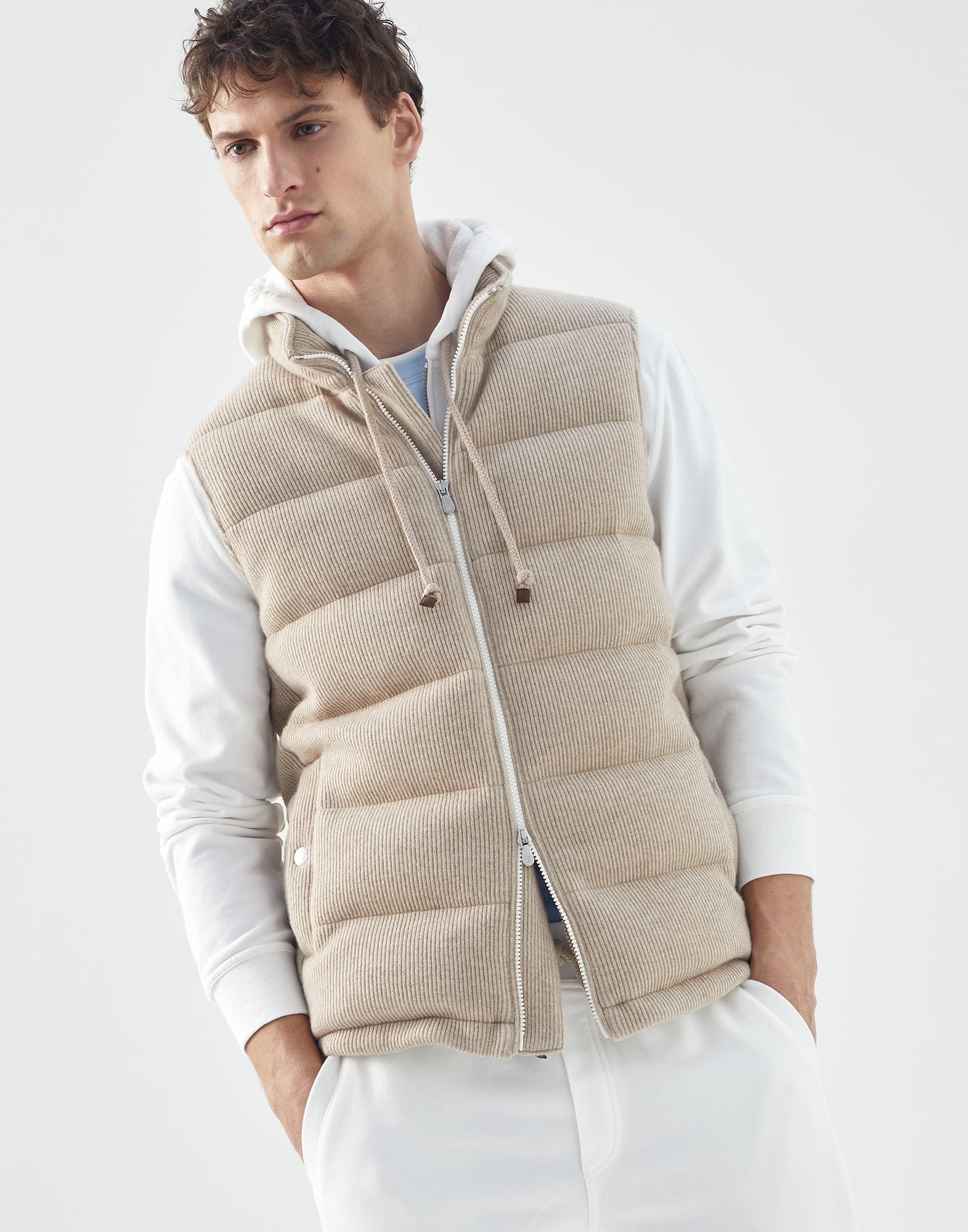 Cashmere English rib knit down vest with packable hood - 1