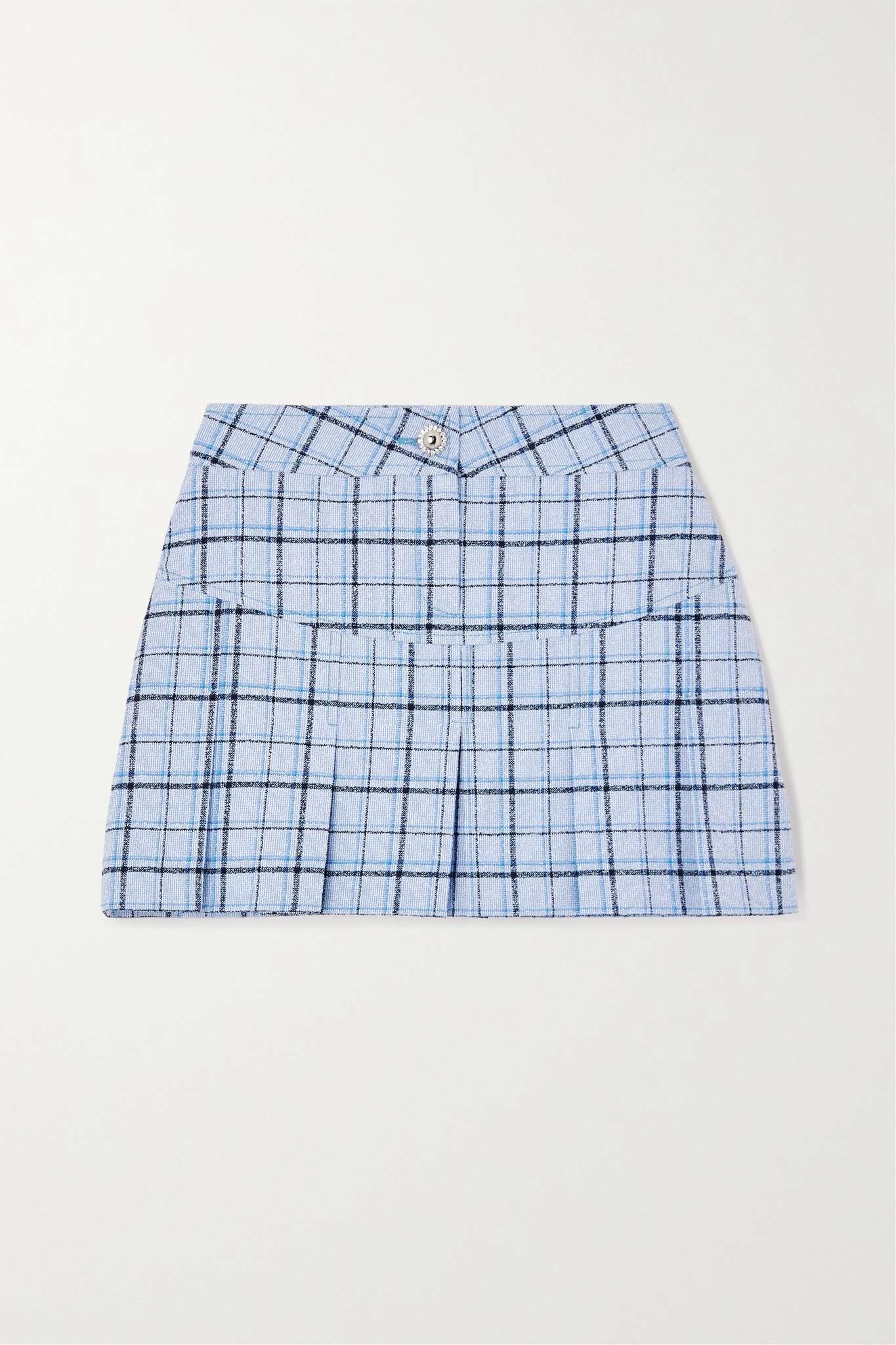Button-embellished pleated checked wool-blend tweed mini skirt - 1