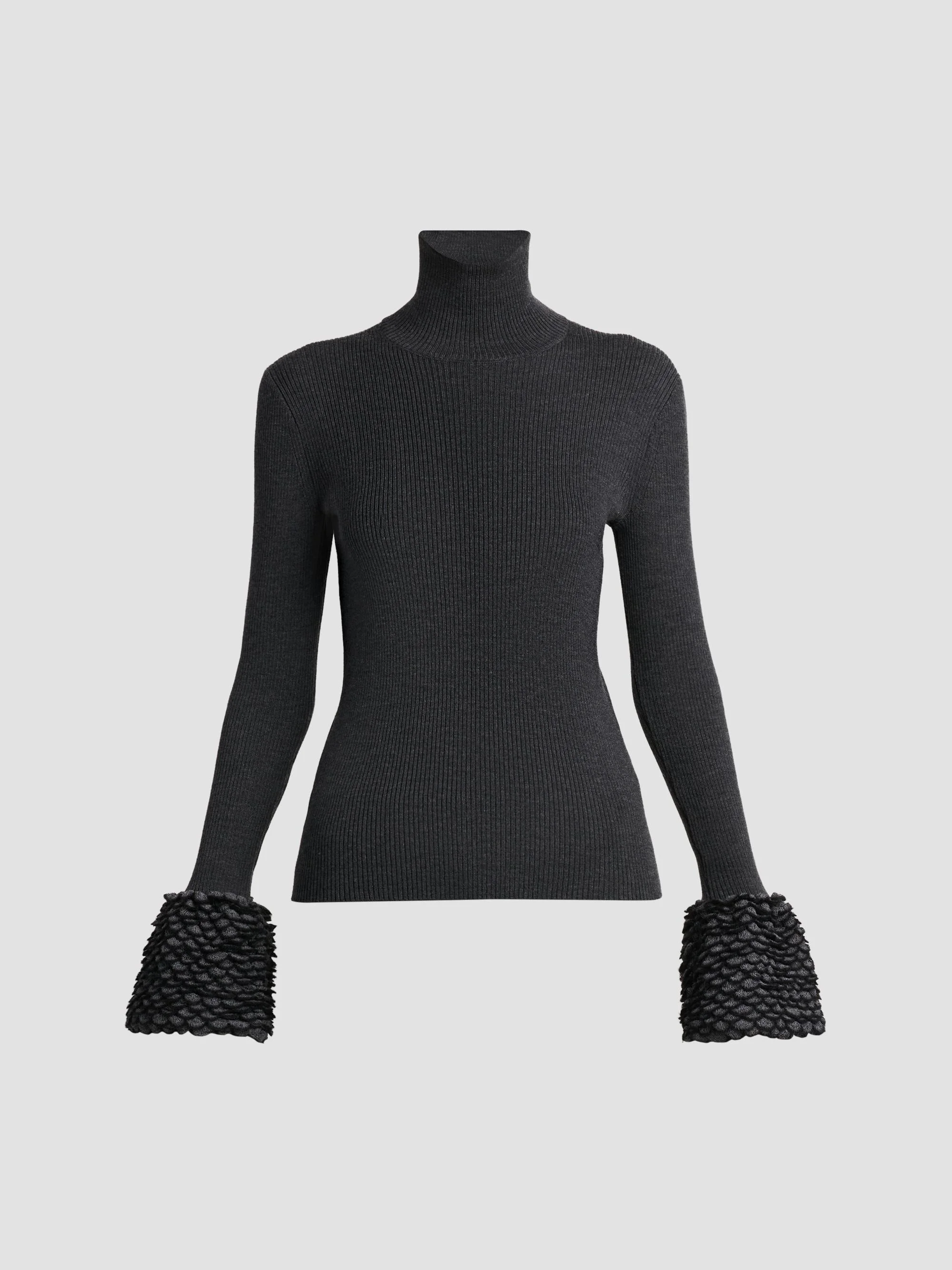 Women's Wool Rib-Knit Scalloped-Cuff Top - Grey - 1